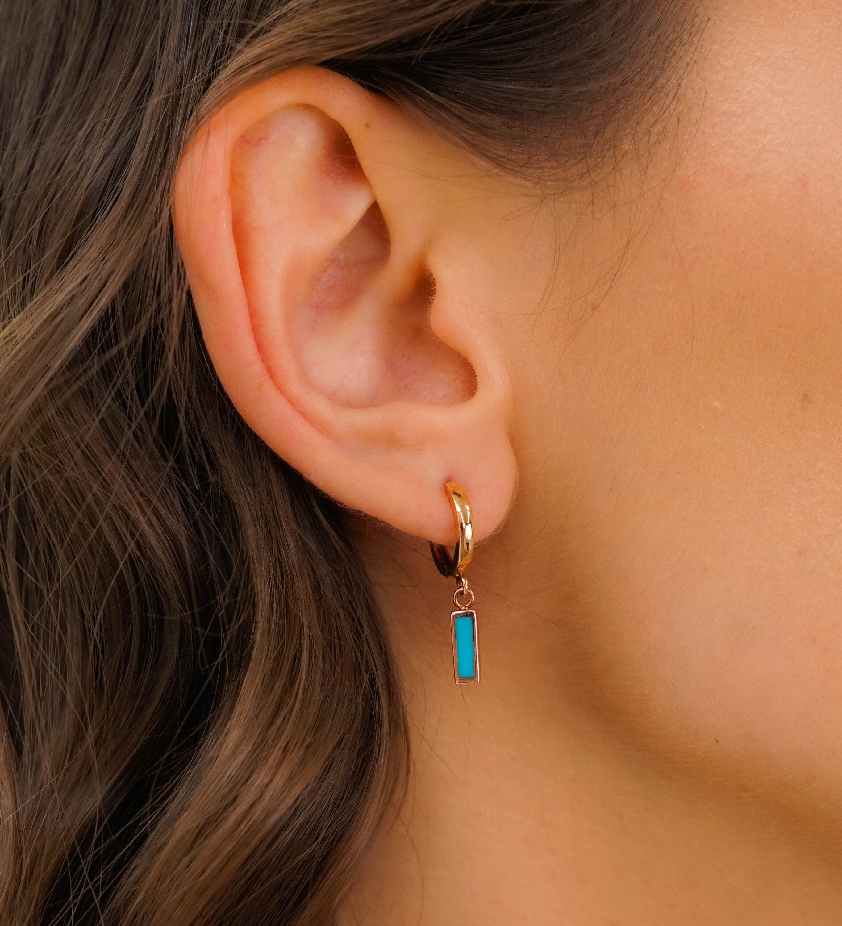 Turquoise Color Dangle Hoop Earrings in 14K Gold