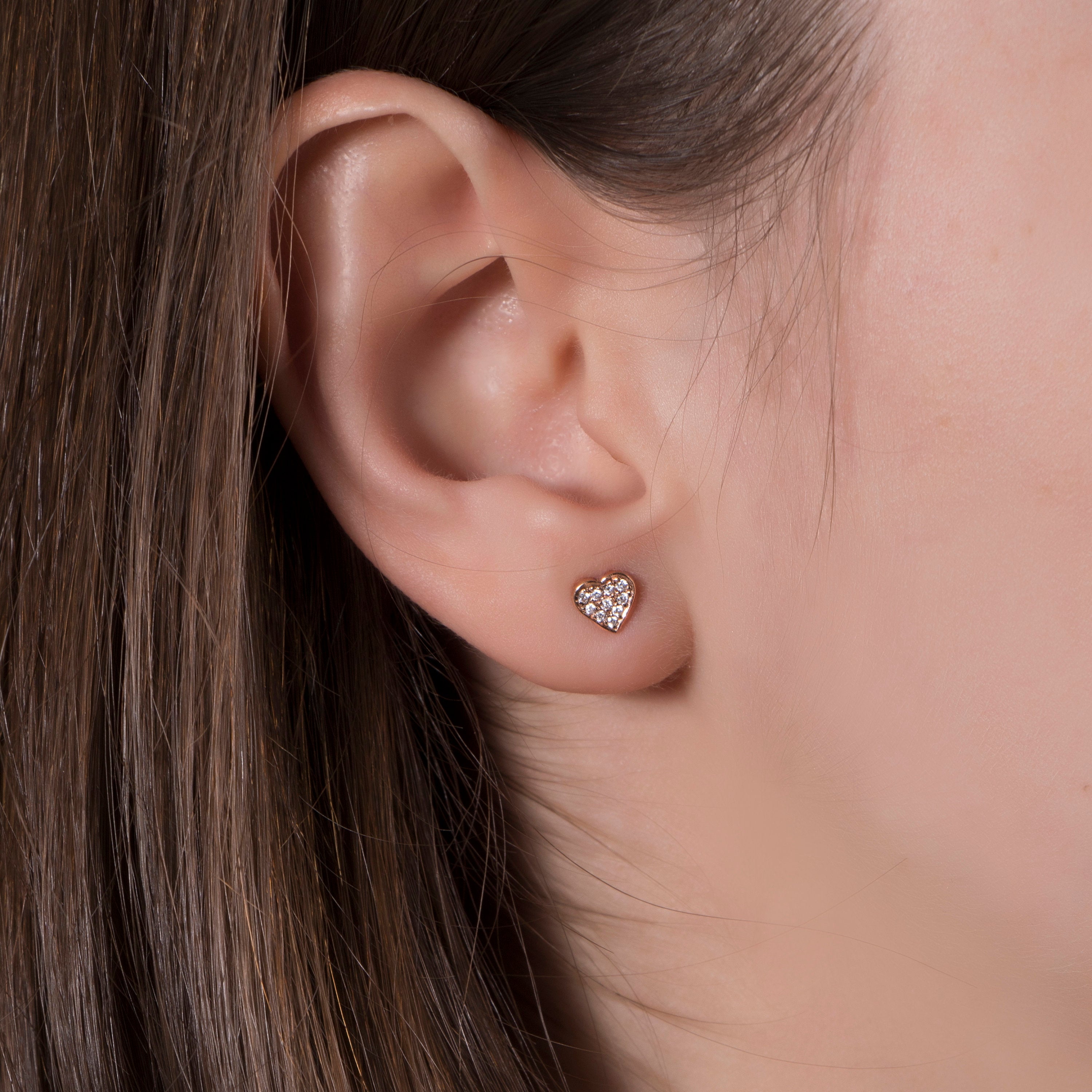 Minimal Diamond Heart Studs in 14K Gold