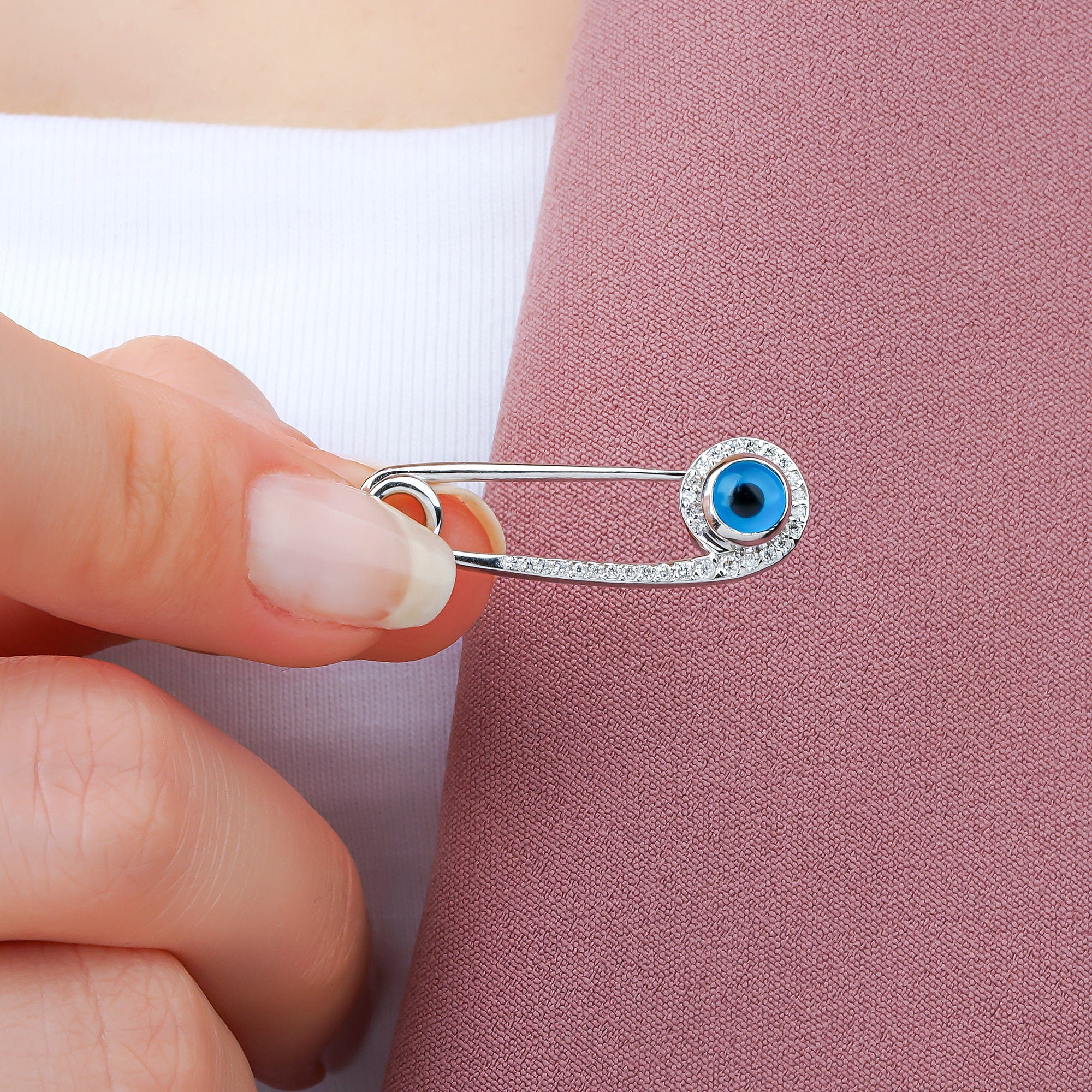 Diamond Evil Eye Pin Brooch in 14K Gold