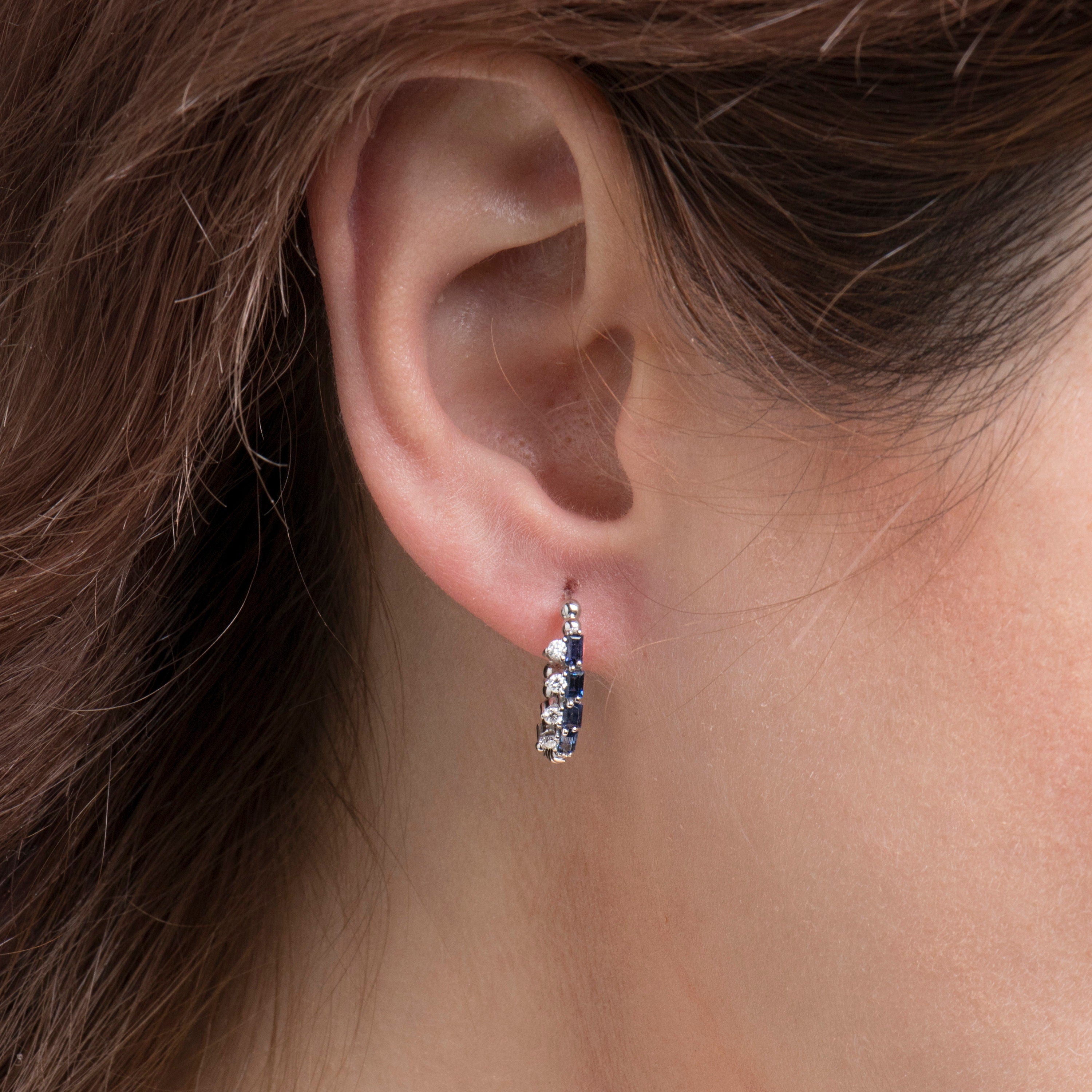 Baguette Cut Sapphire and Round Cut Diamond Hoop Earrings in 14K White Gold