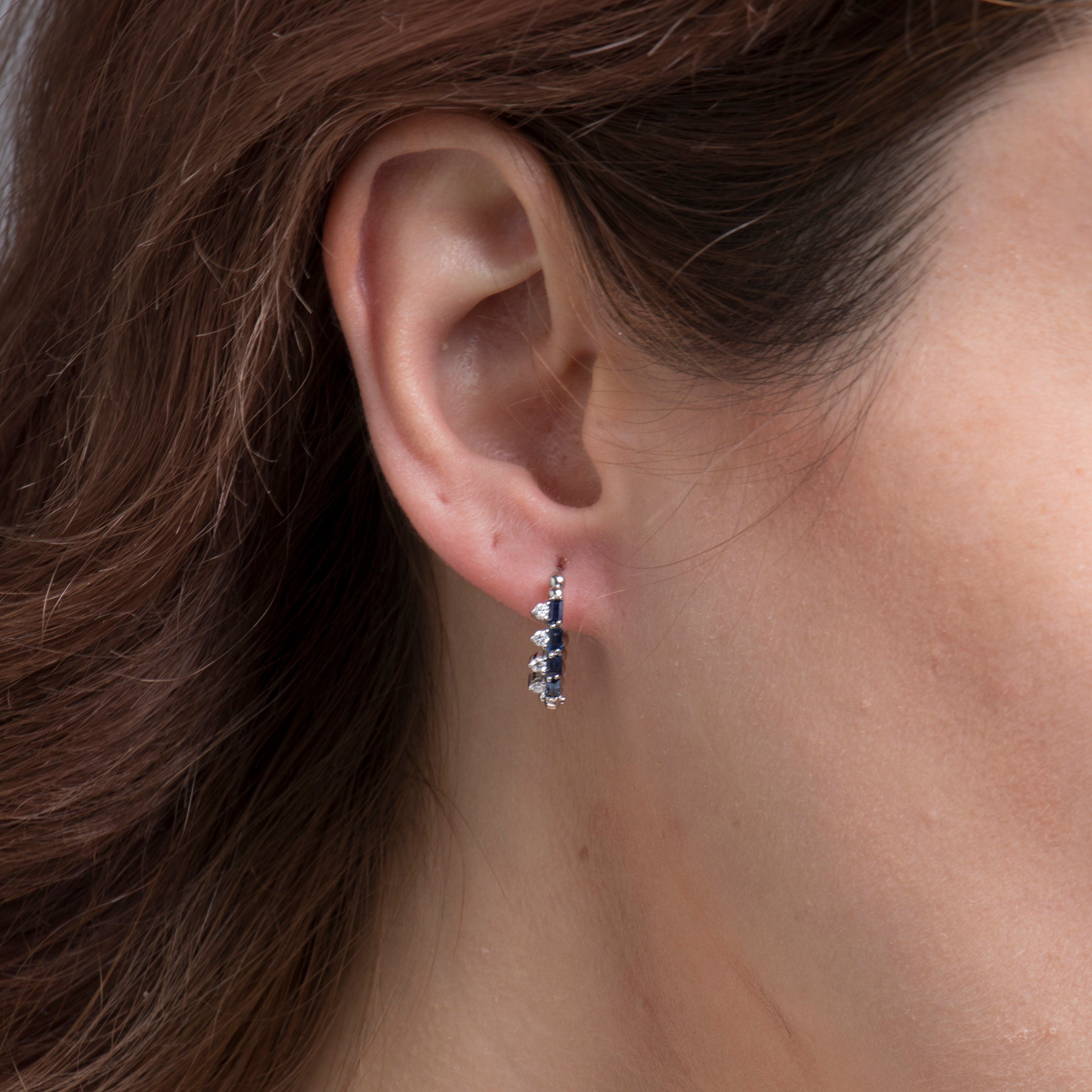 Baguette Cut Sapphire and Round Cut Diamond Hoop Earrings in 14K White Gold