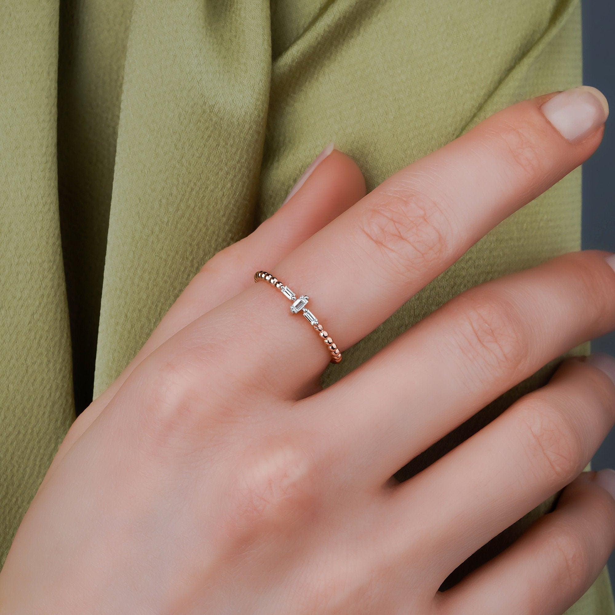Beaded Mini Baguette Diamond Ring in 14K Gold