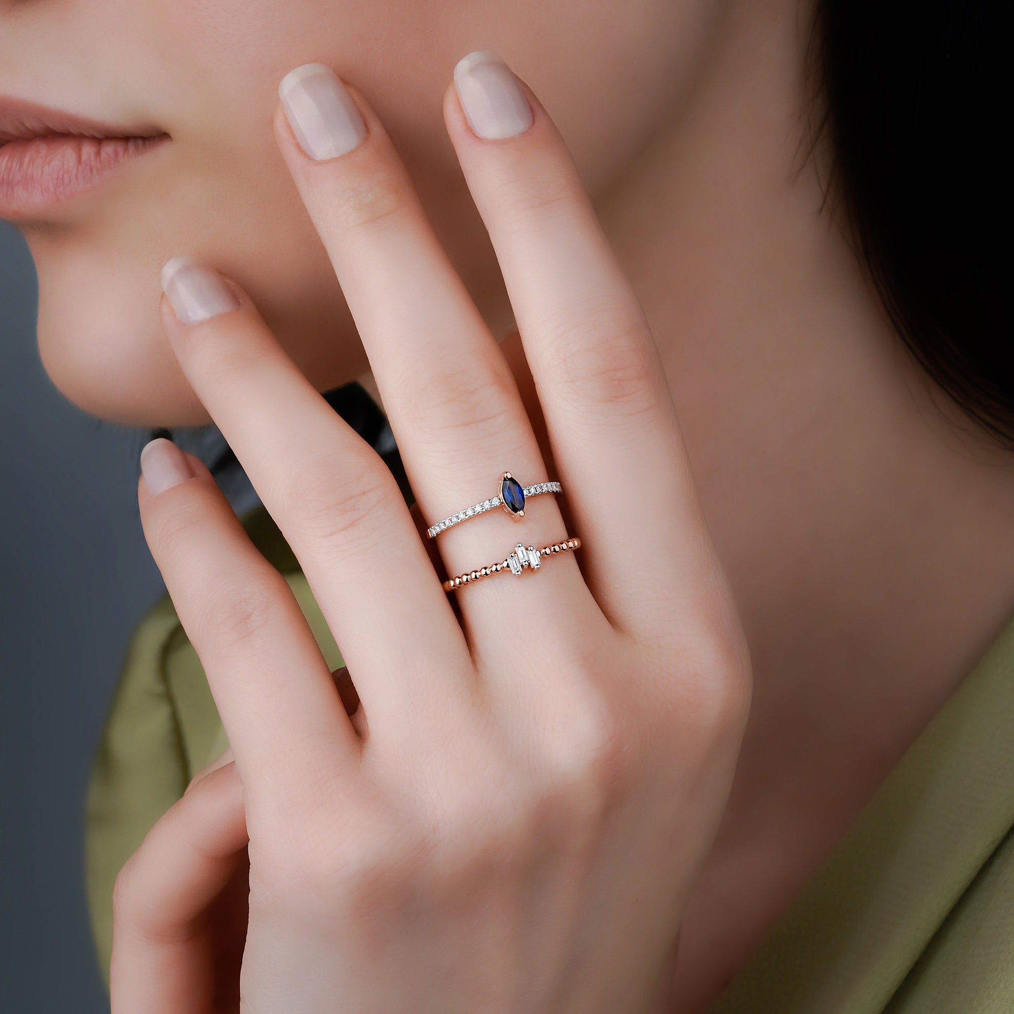 Beaded Mini Baguette Diamond Ring in 14K Gold