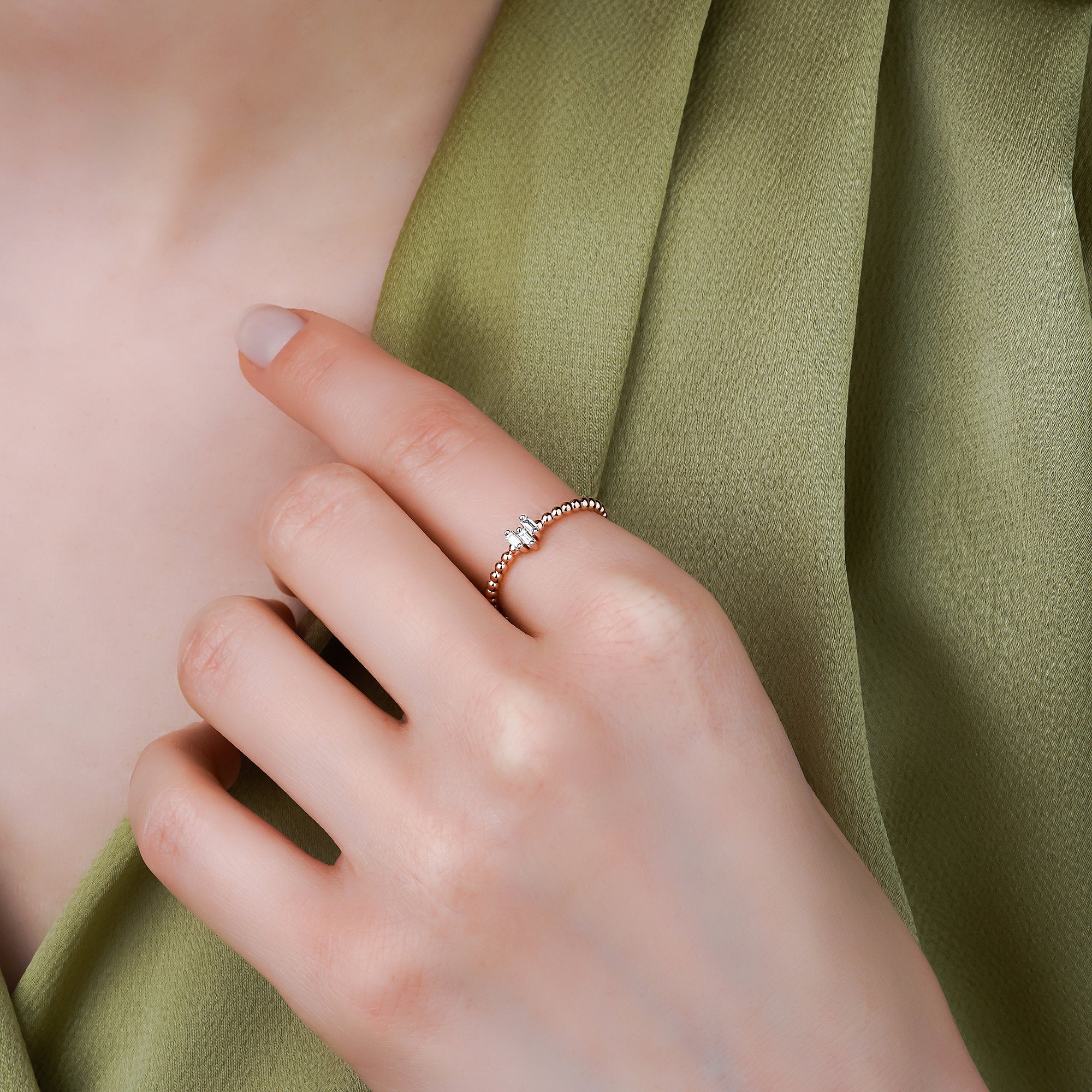 Beaded Mini Baguette Diamond Ring in 14K Gold