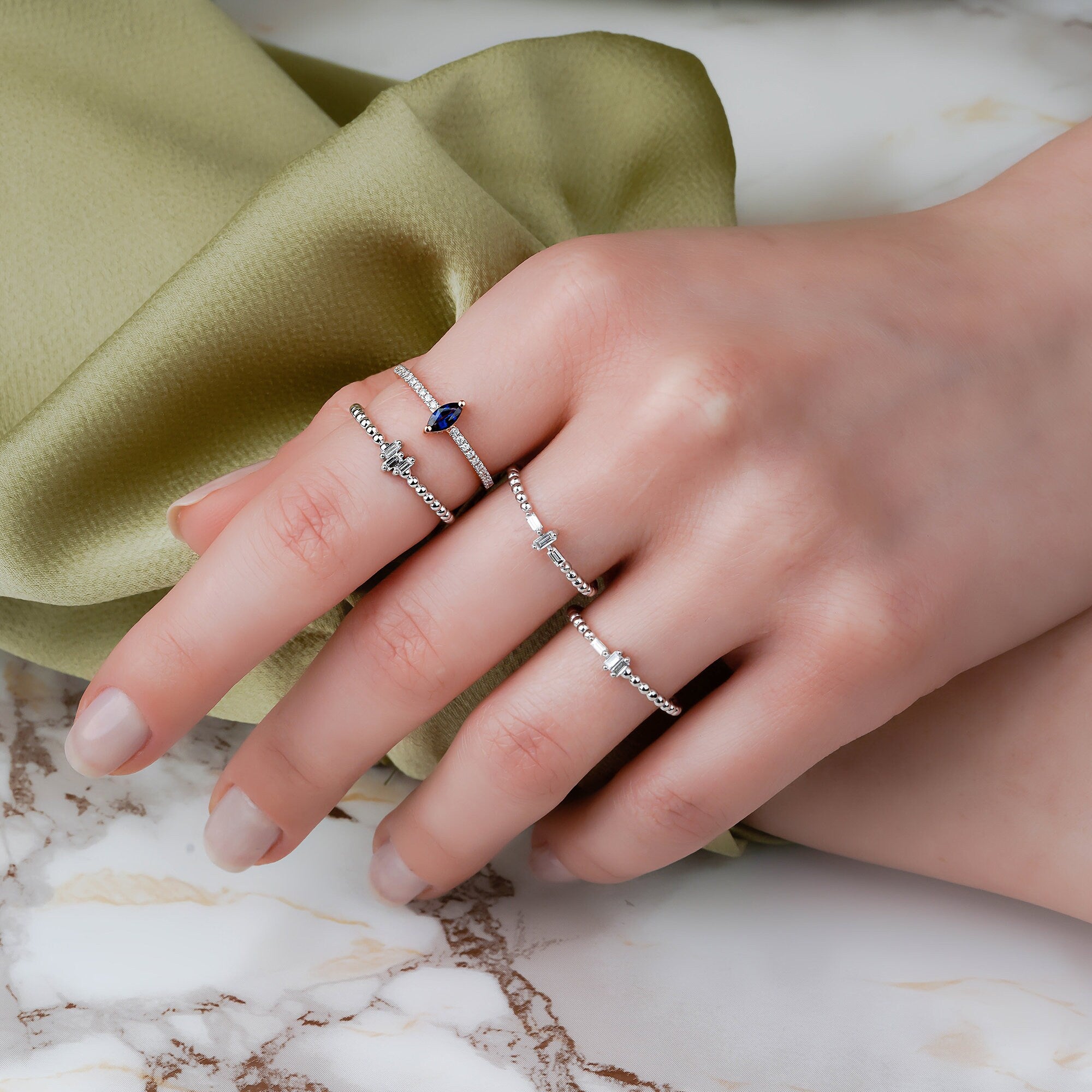 Beaded Mini Baguette Diamond Ring in 14K Gold