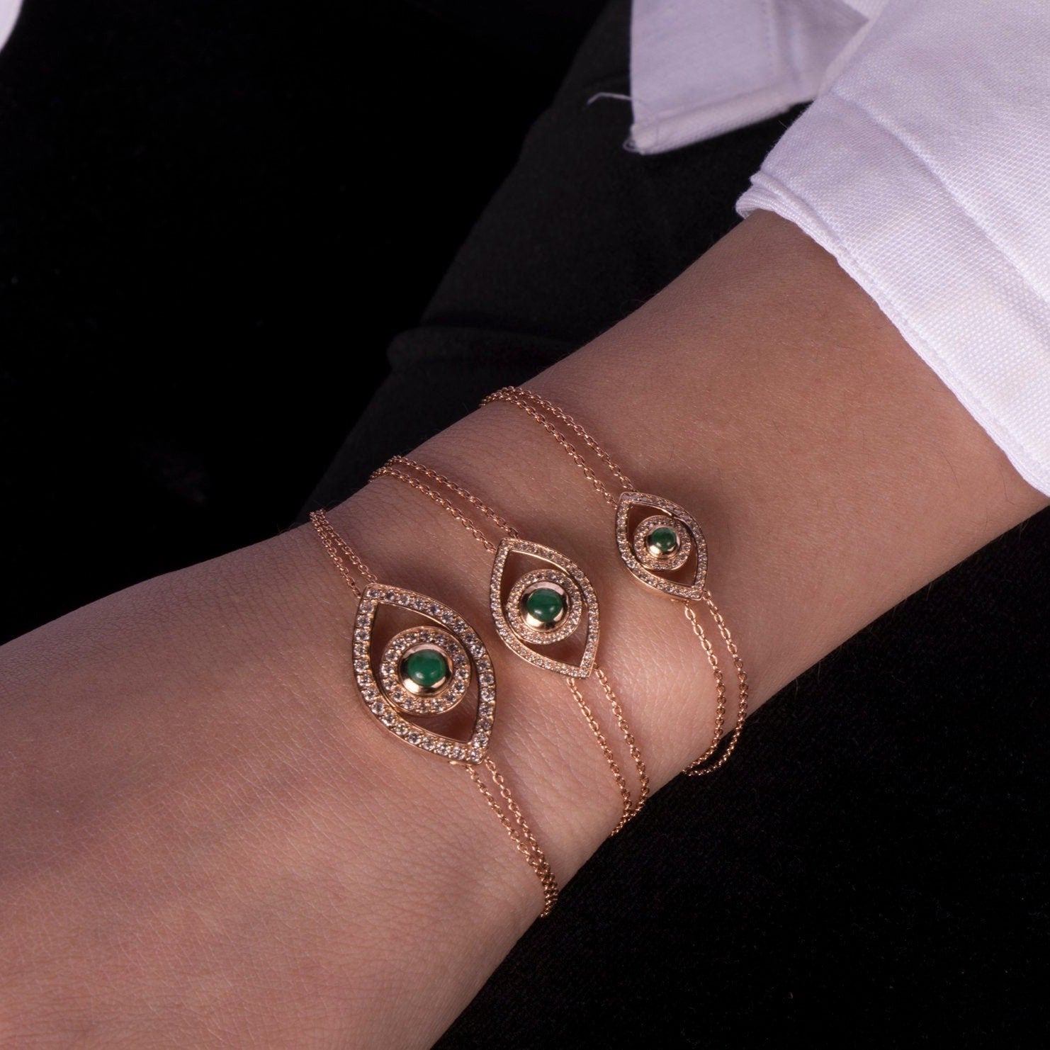 Emerald Evil Eye Bracelet Available in 14K Gold and 18K Gold