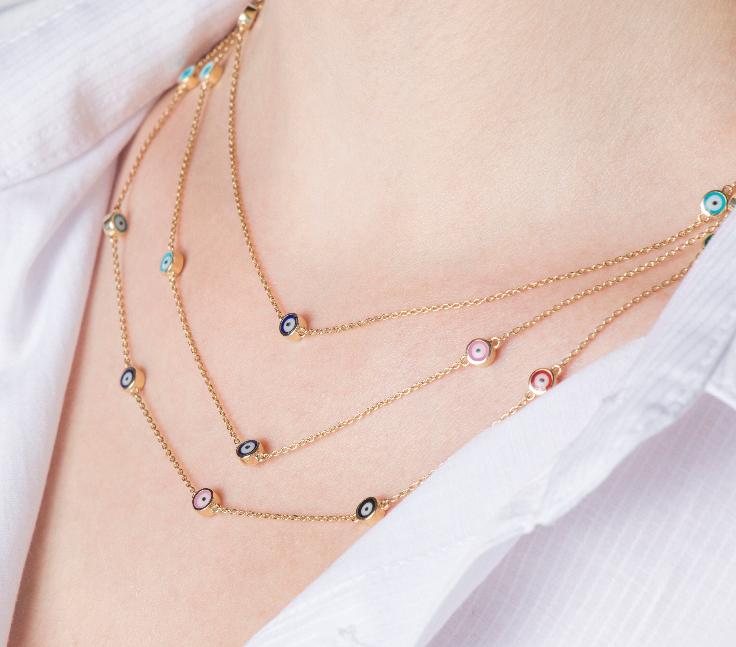 Evil Eye Station Necklace in 14K Gold / Multicolor