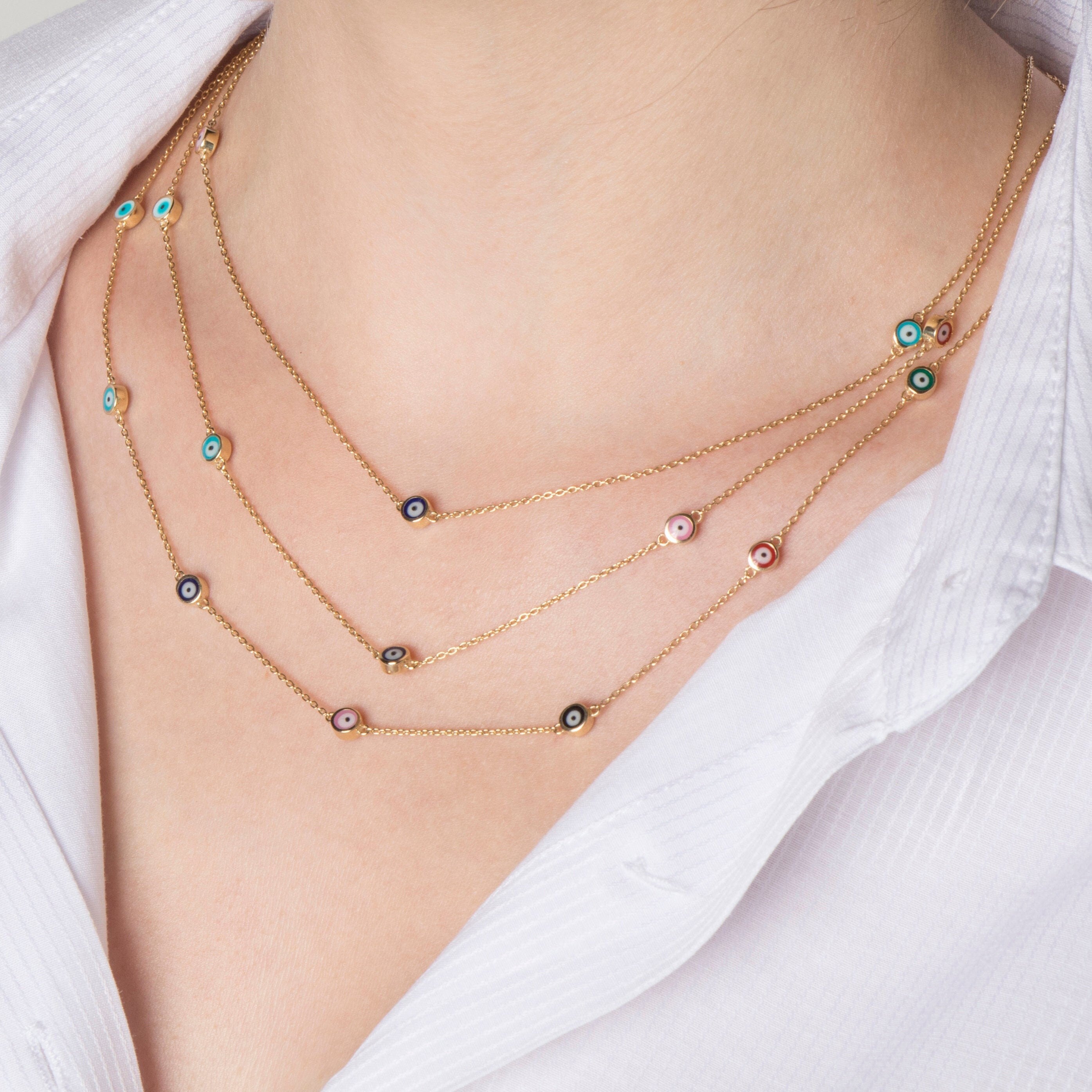 Evil Eye Station Necklace in 14K Gold / Multicolor