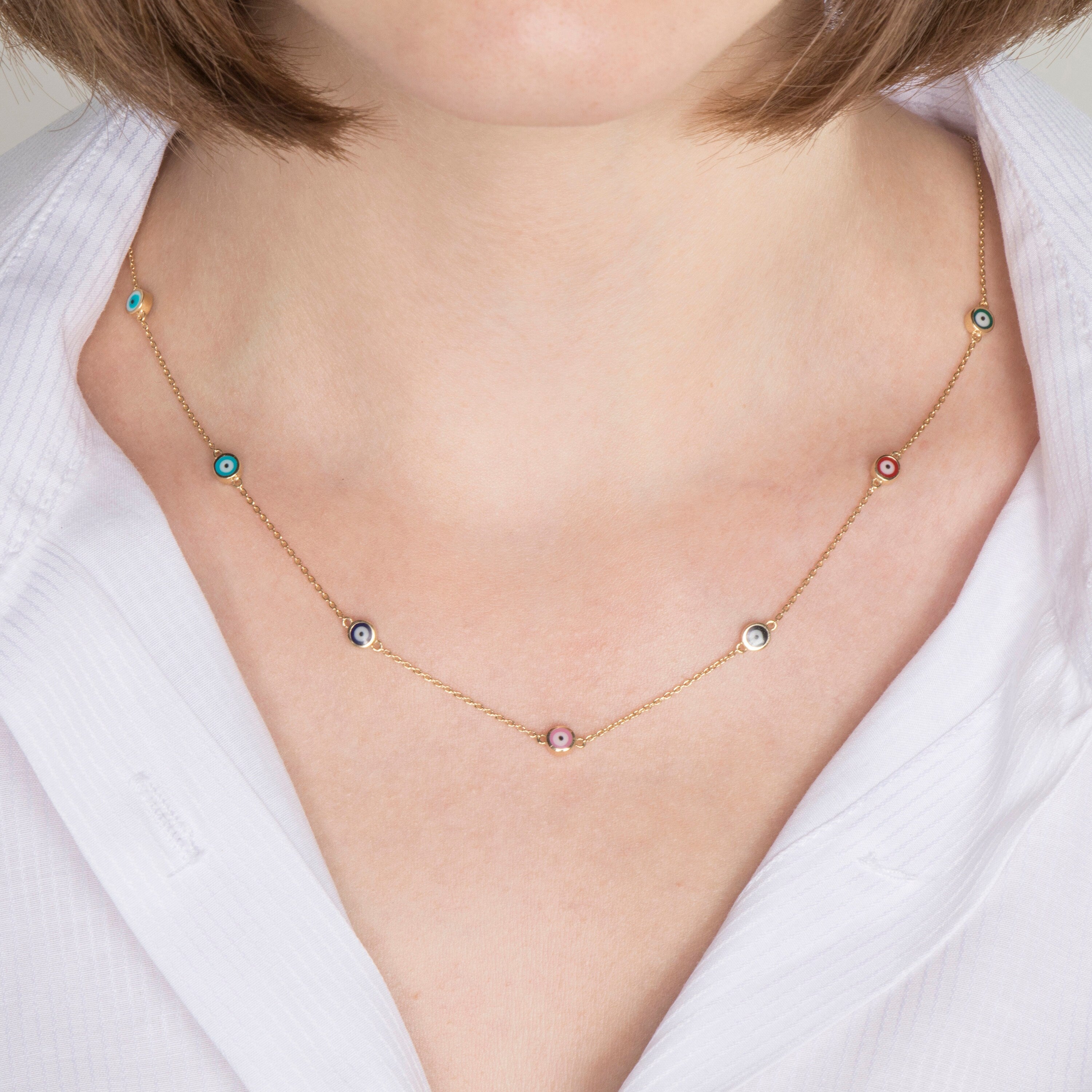 Evil Eye Station Necklace in 14K Gold / Multicolor