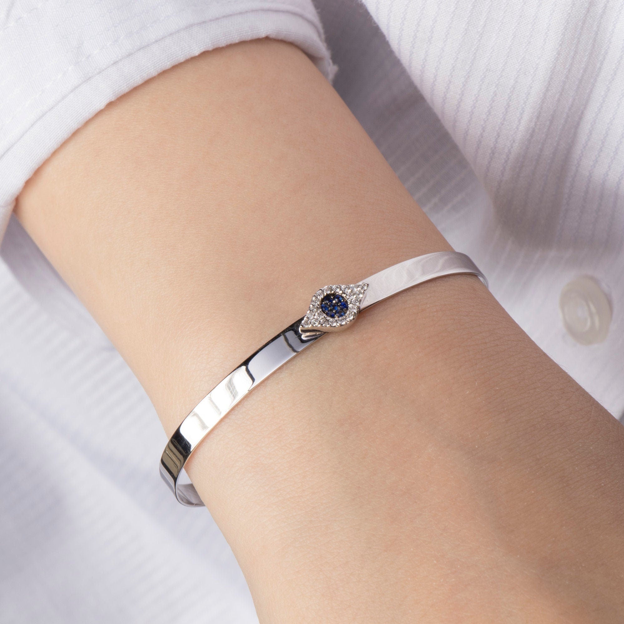 14K Gold Diamond and Sapphire Evil Eye Bangle Bracelet