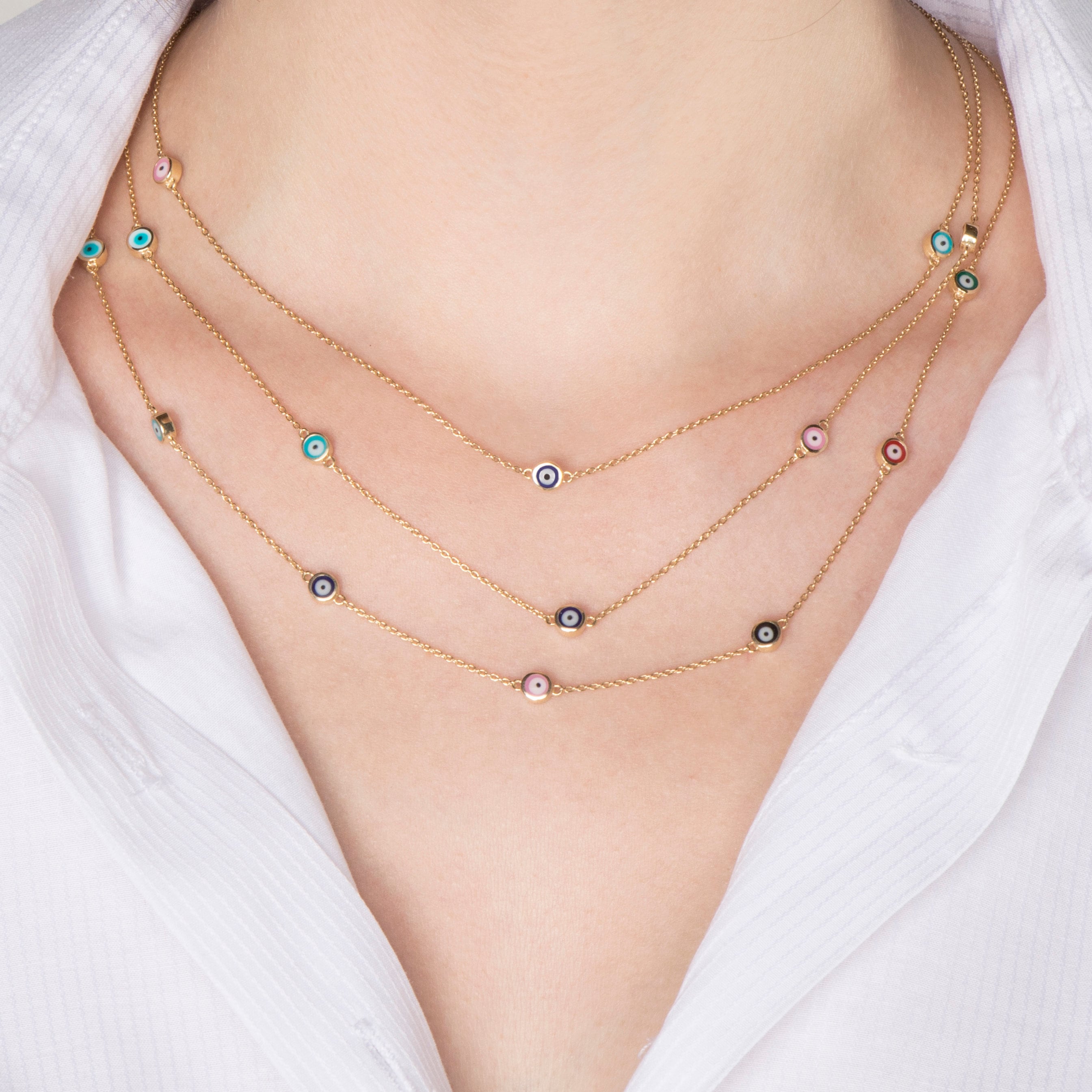Evil Eye Station Necklace in 14K Gold / Multicolor
