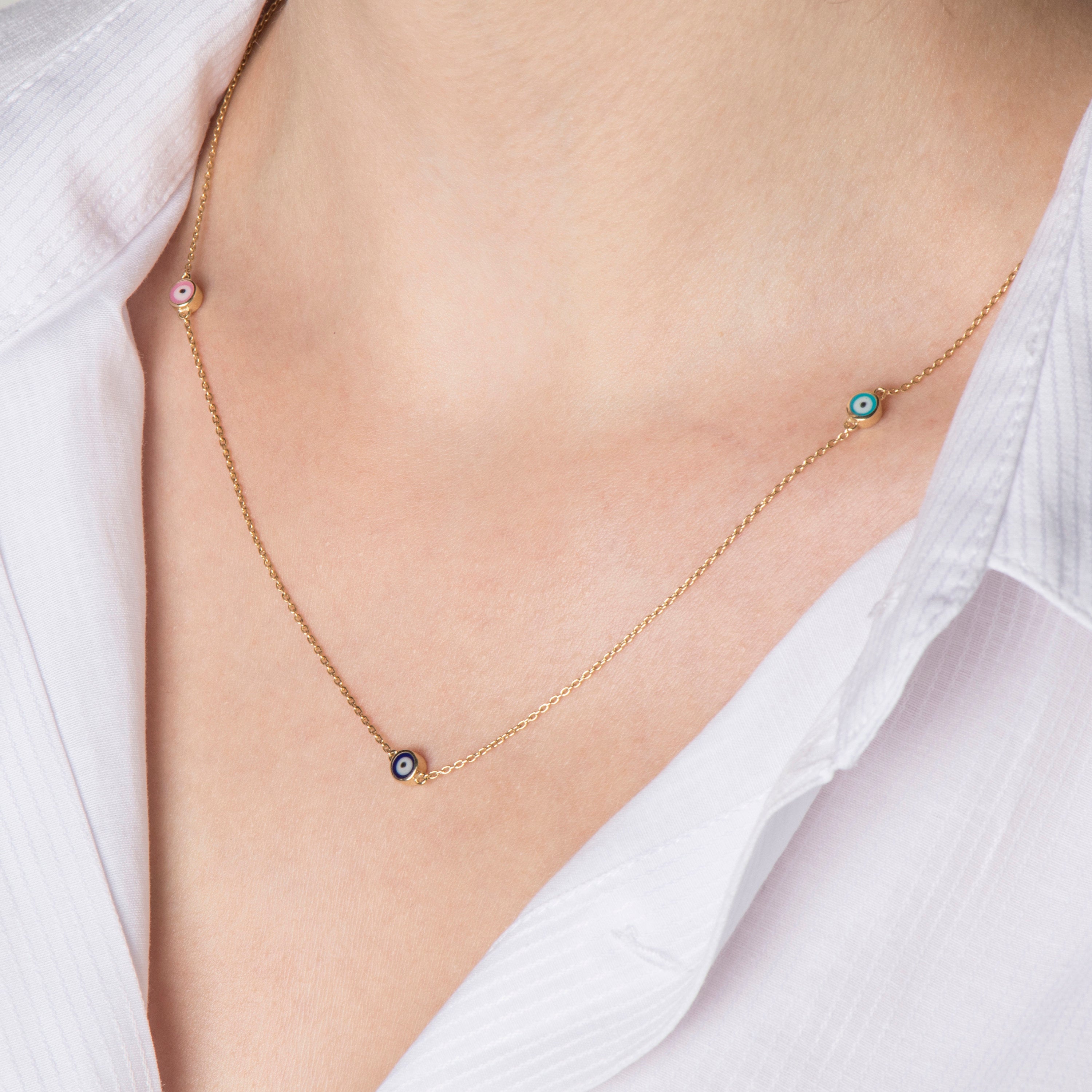 Evil Eye Station Necklace in 14K Gold / Multicolor