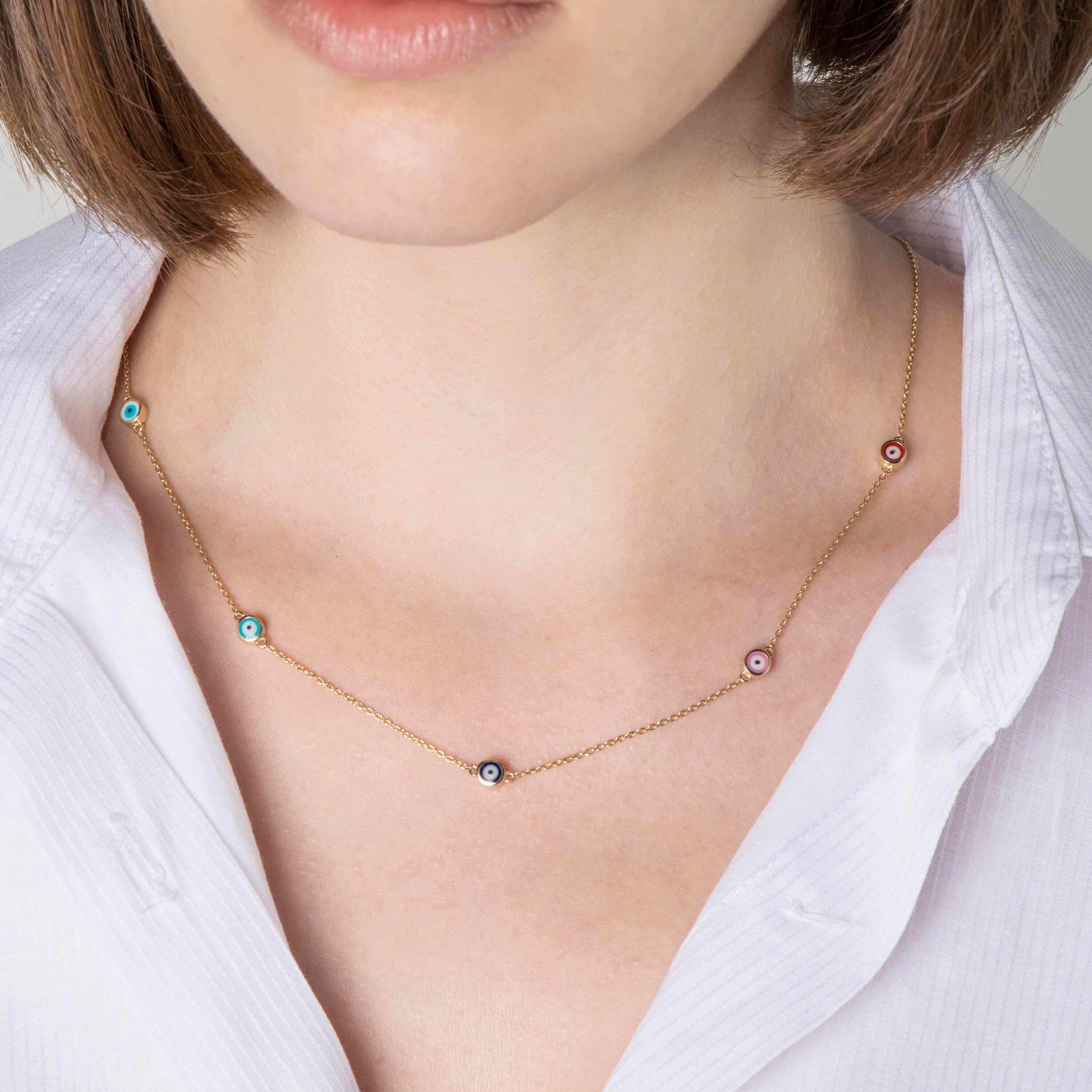 Evil Eye Station Necklace in 14K Gold / Multicolor