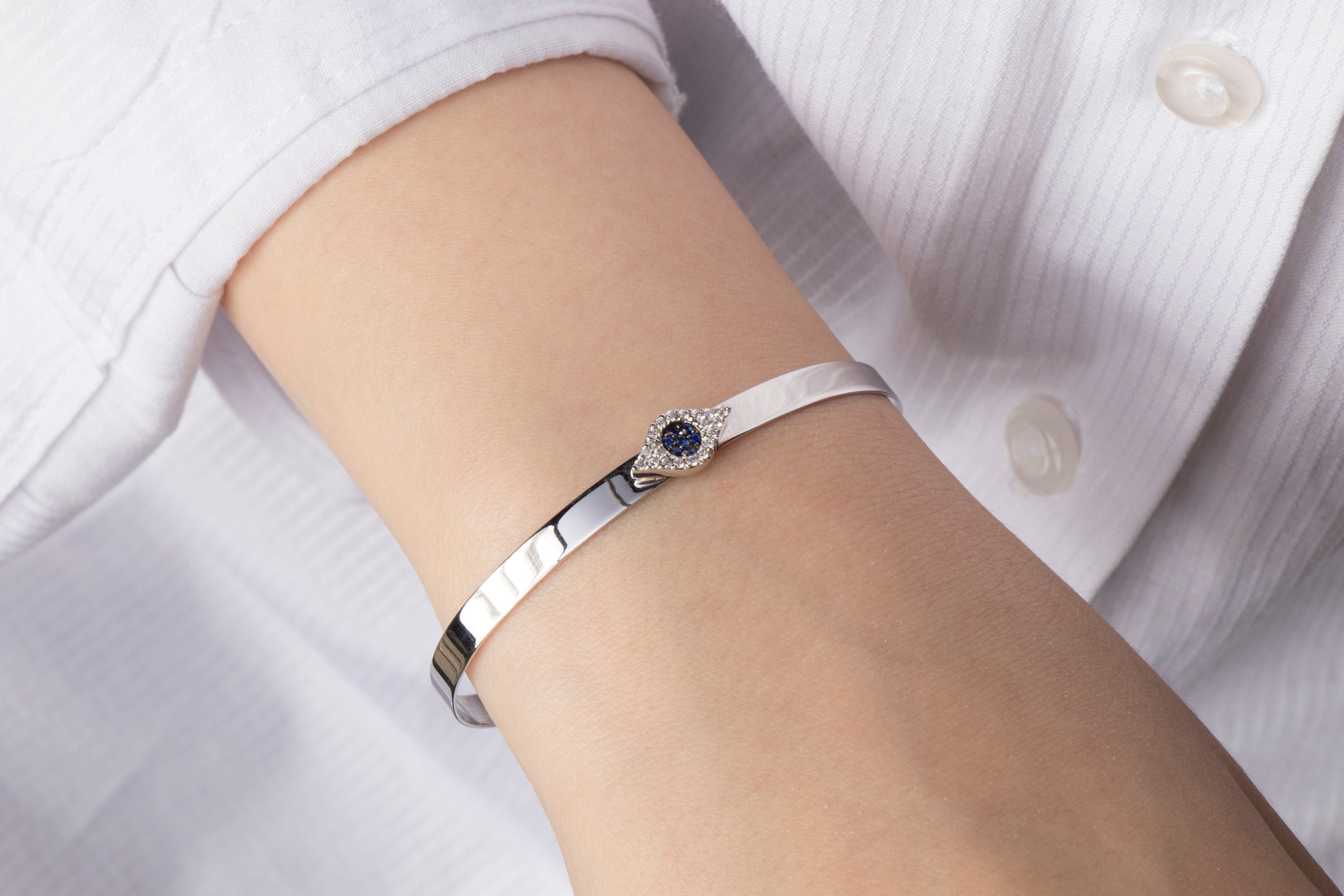 14K Gold Diamond and Sapphire Evil Eye Bangle Bracelet