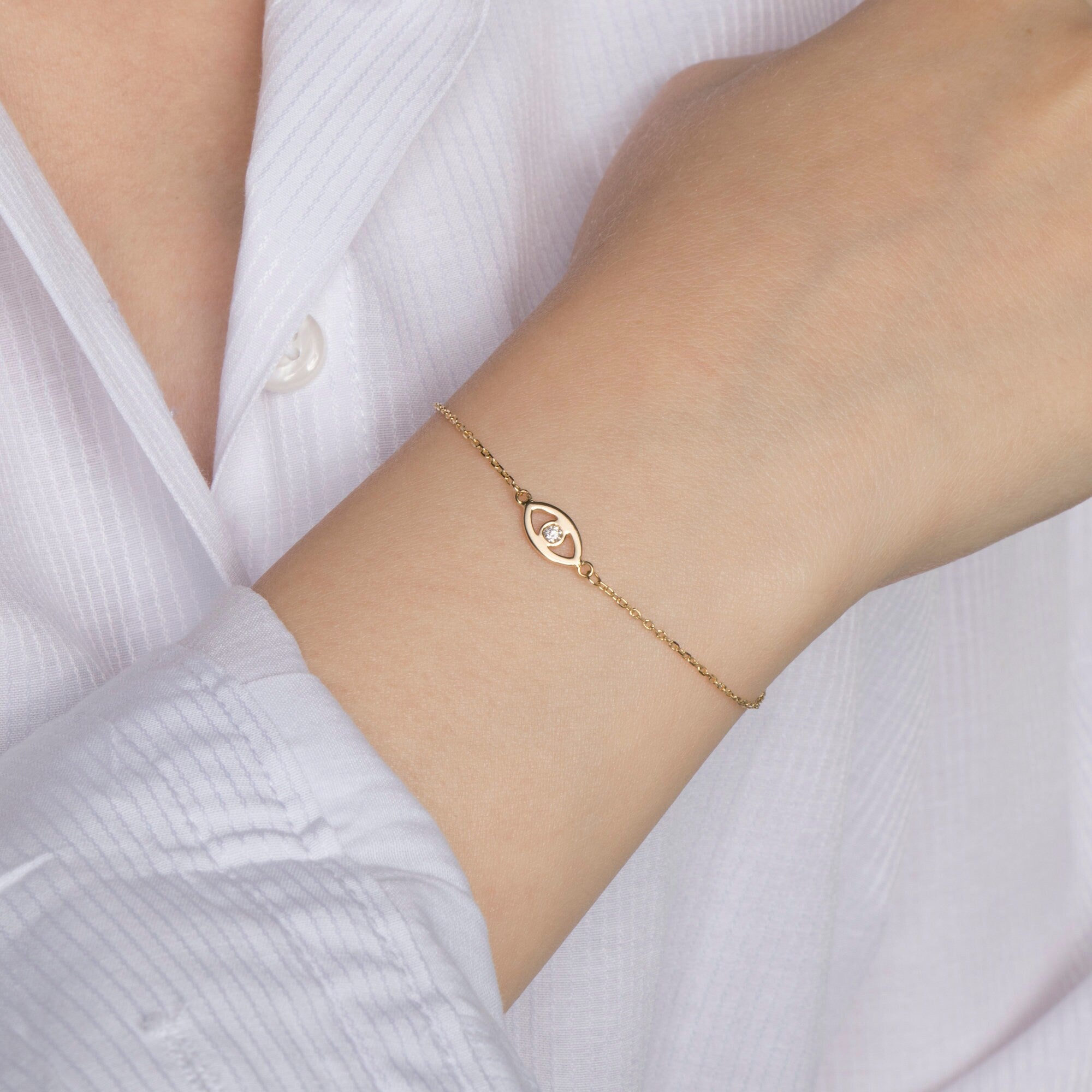 Mini Diamond Evil Eye Bracelet in 14K Gold