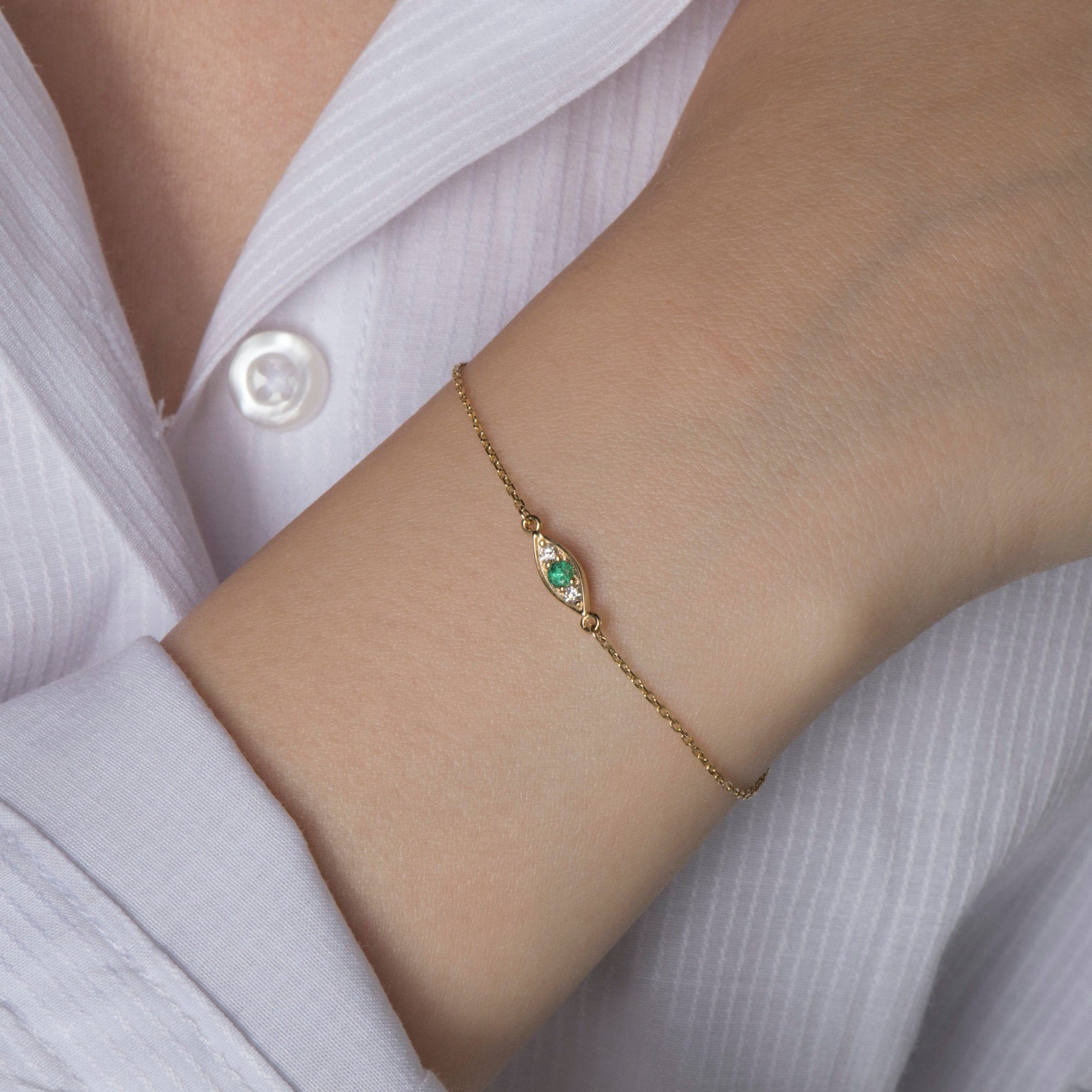 Tiny Emerald and Diamond Bracelet in 14K Gold