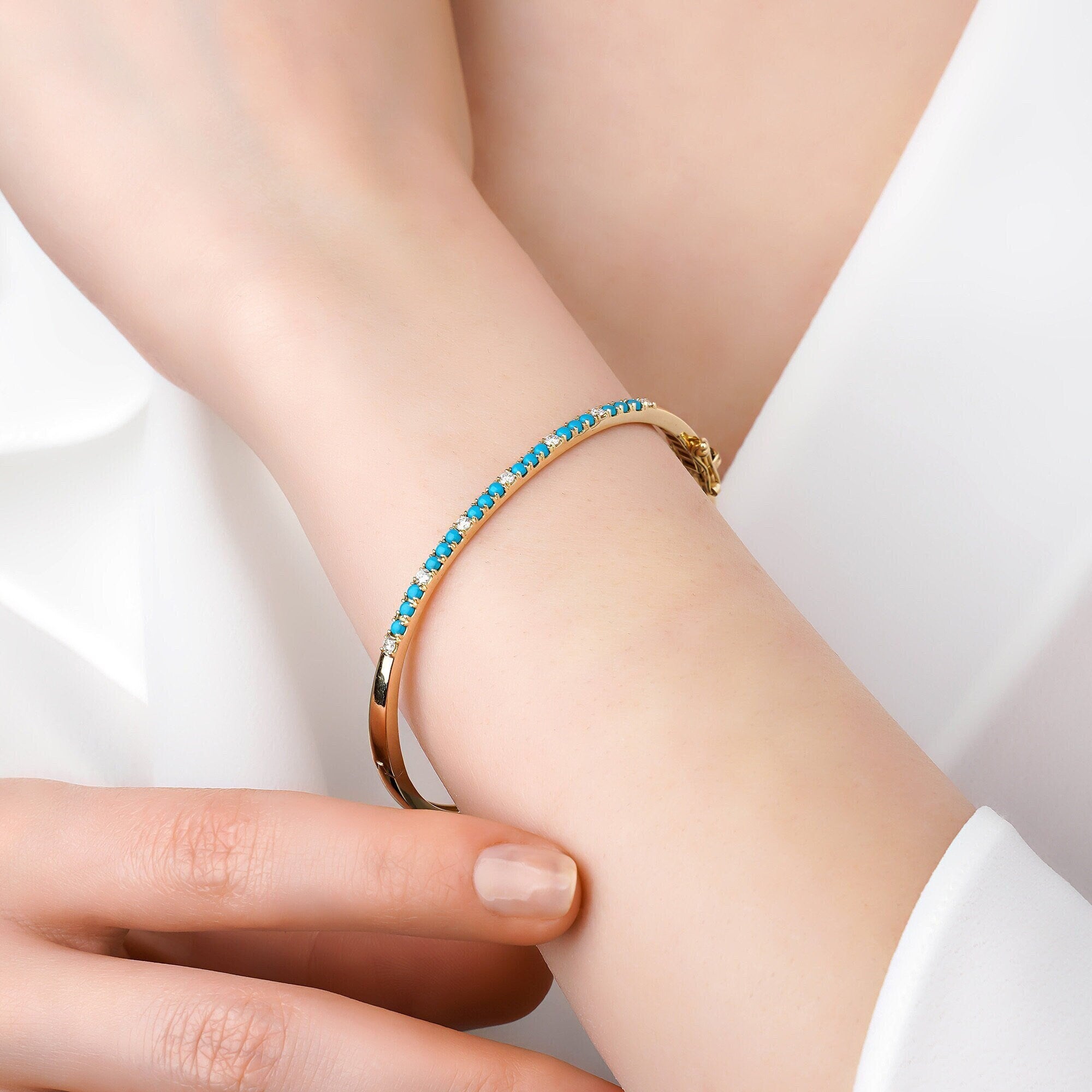 Modern Turquoise and Diamond Bangle in 14K Gold