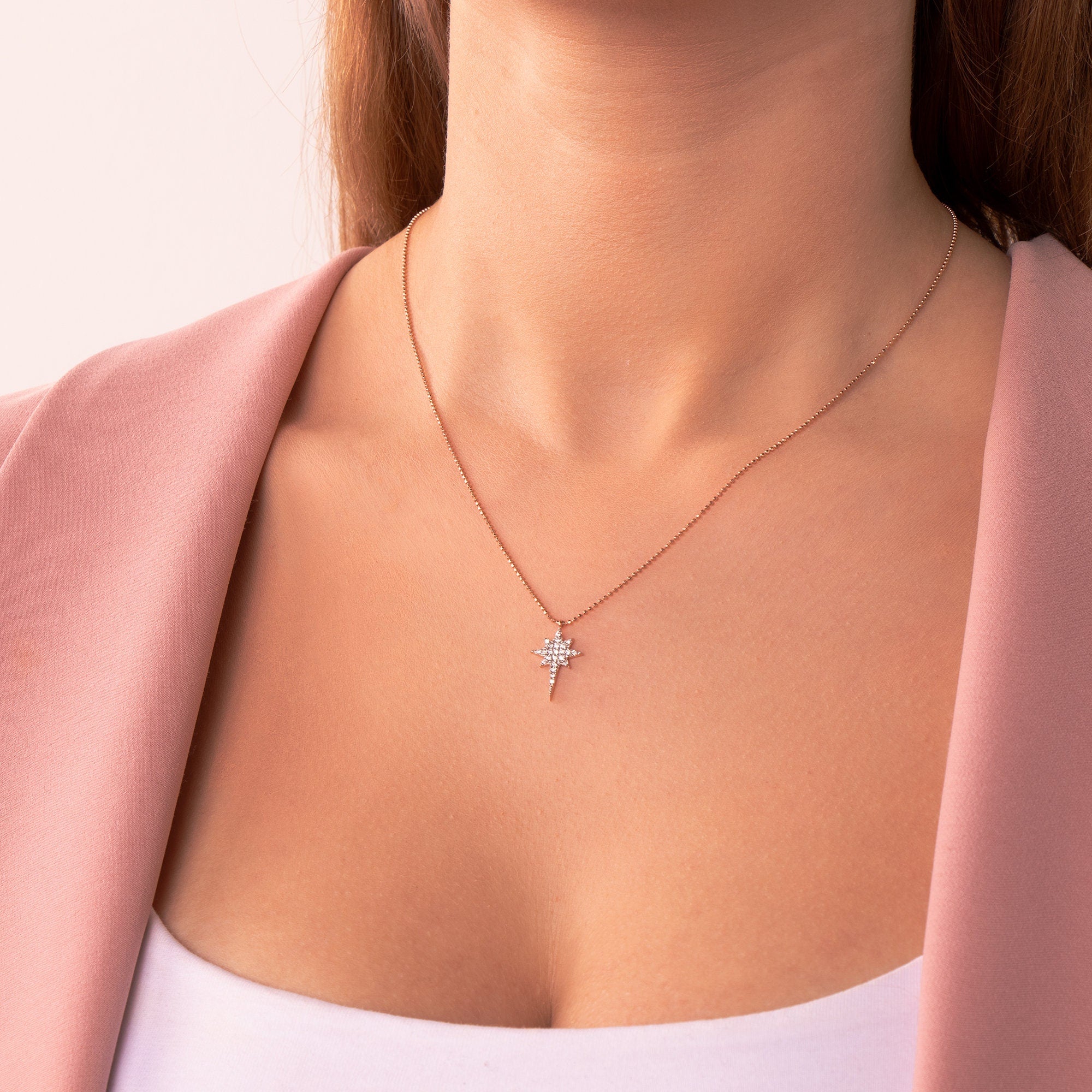 Diamond North Star Necklace With Ball Chain in 14K Gold