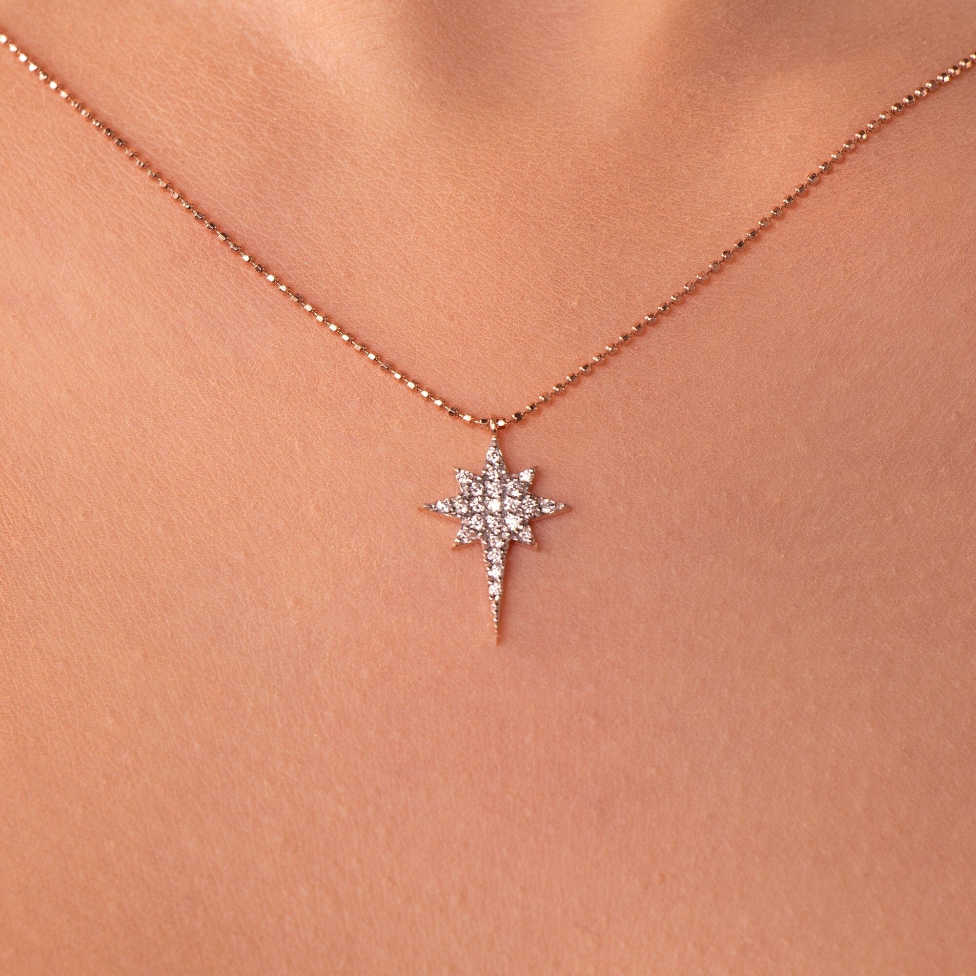 Diamond North Star Necklace With Ball Chain in 14K Gold