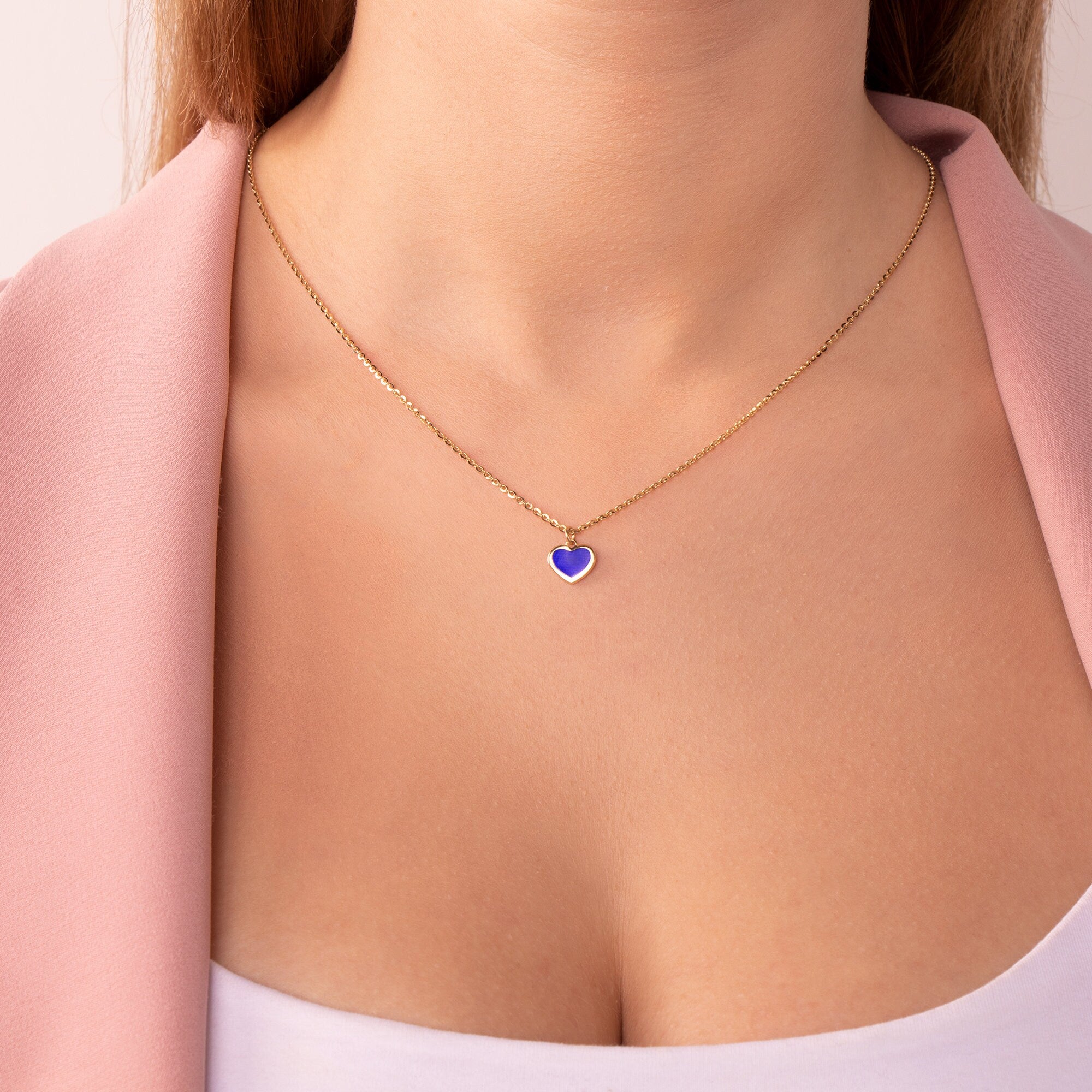 Navy Blue Heart Necklace With Sparkle Chain in 14K Gold