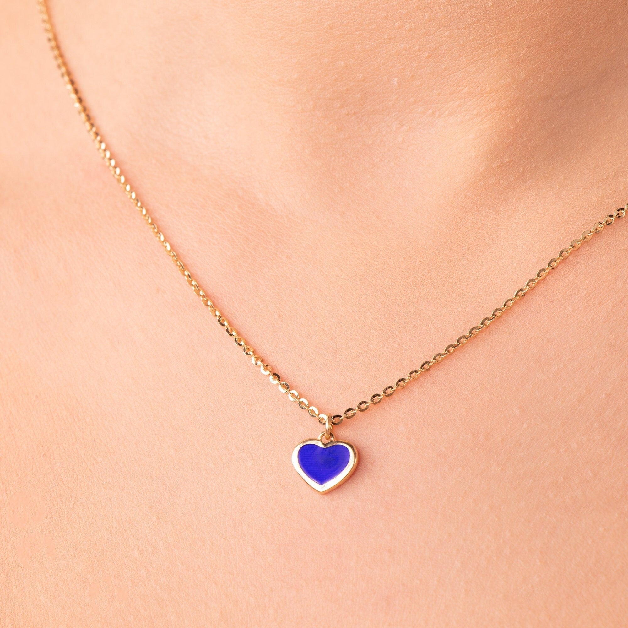Navy Blue Heart Necklace With Sparkle Chain in 14K Gold