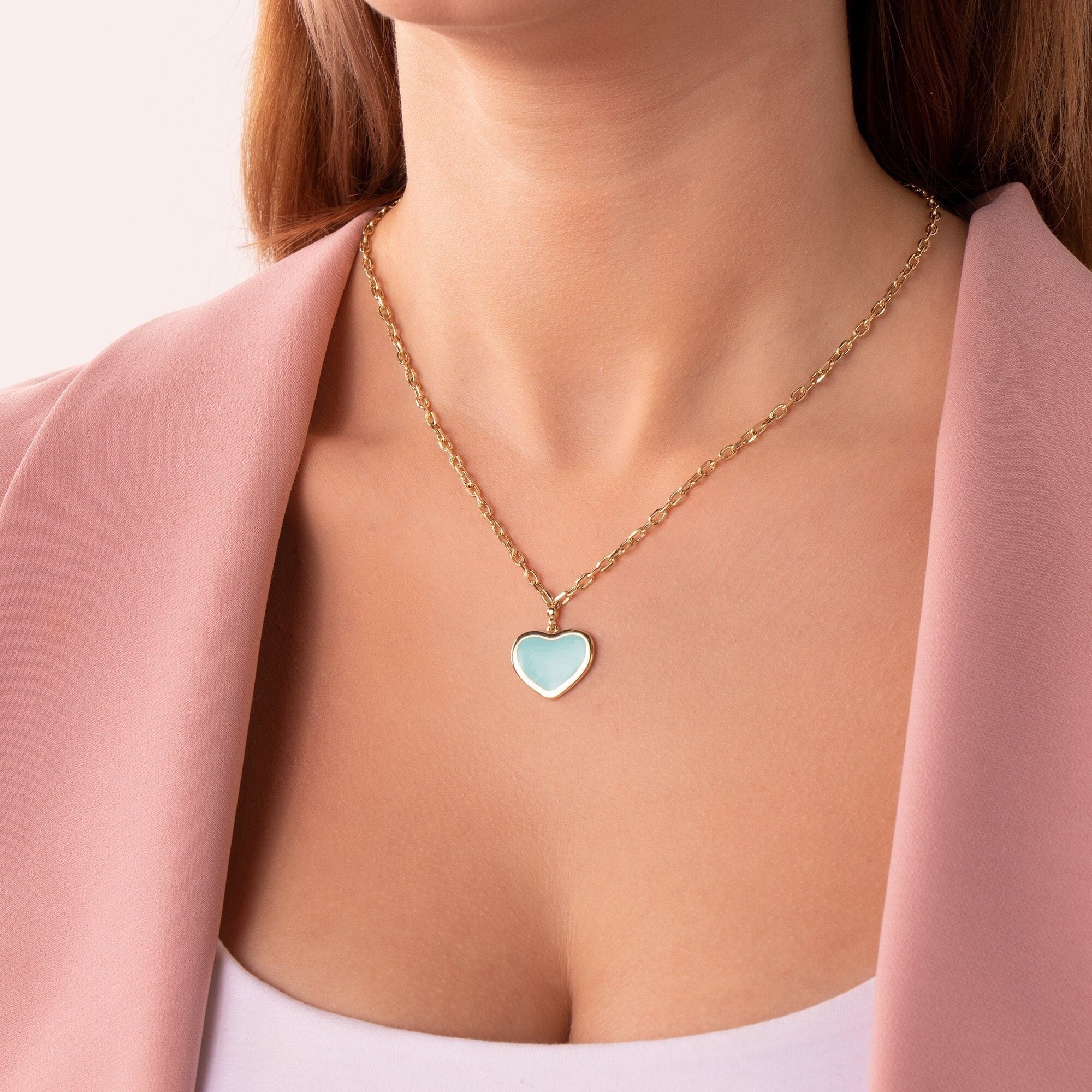 Large Turquoise Heart Necklace in 14K Gold