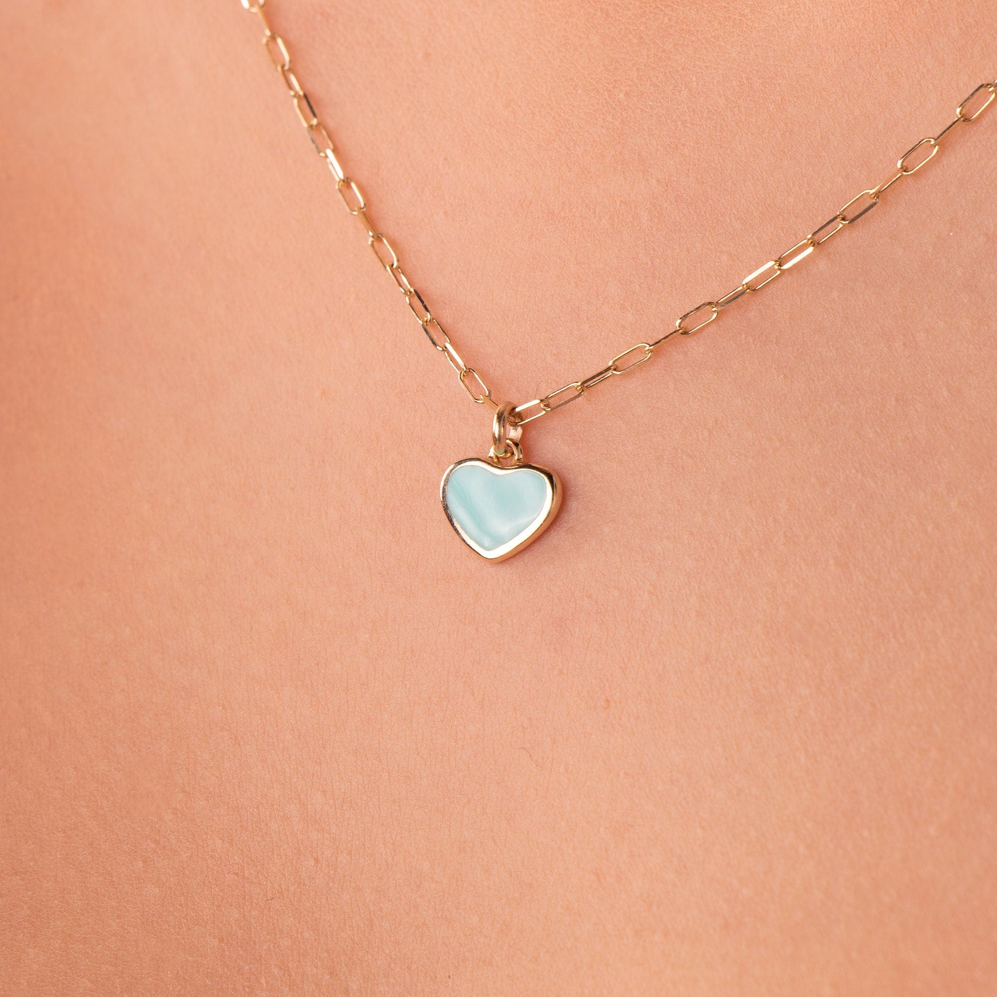 Paperclip Chain Mini Turquoise Heart Necklace in 14K Gold
