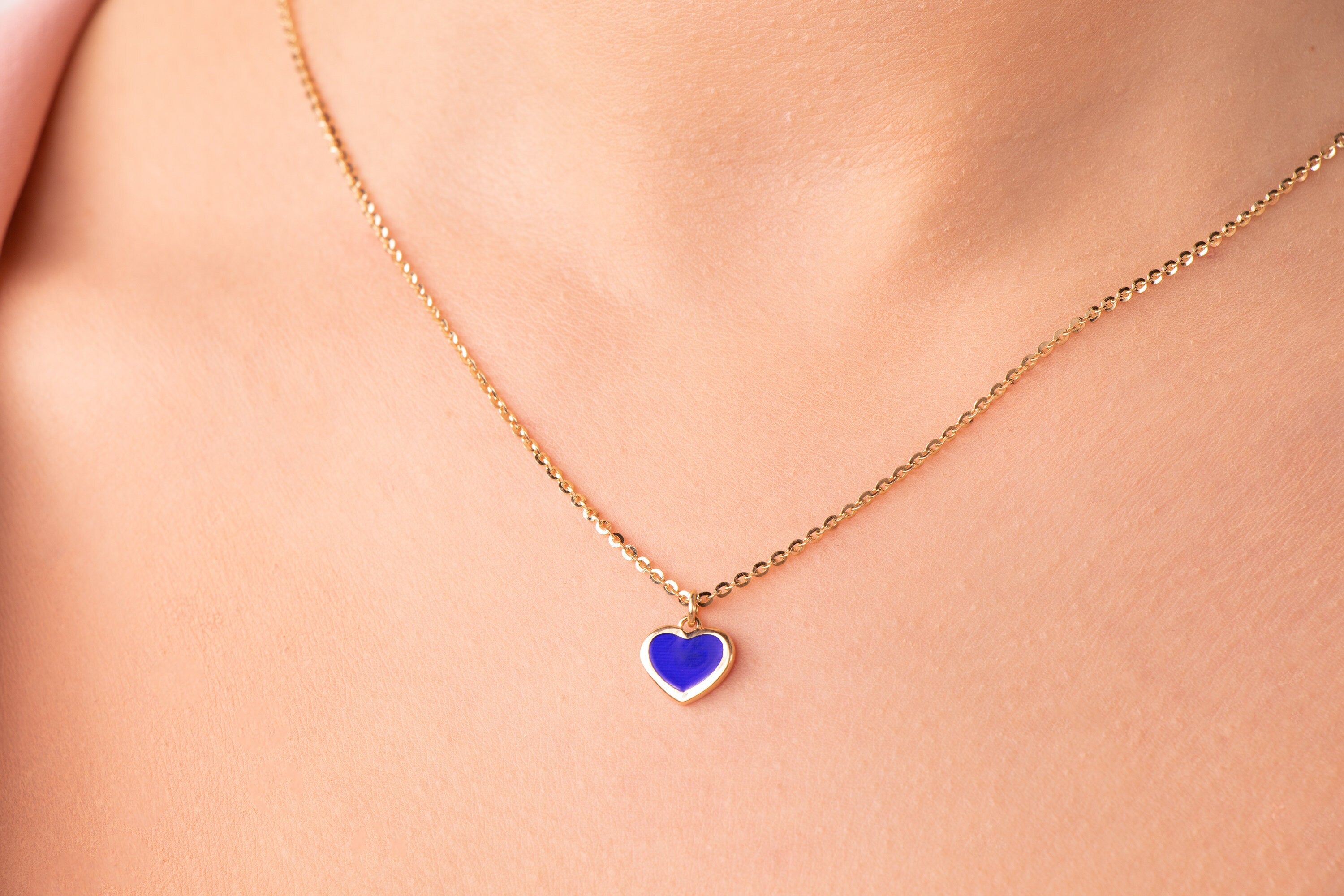 Navy Blue Heart Necklace With Sparkle Chain in 14K Gold