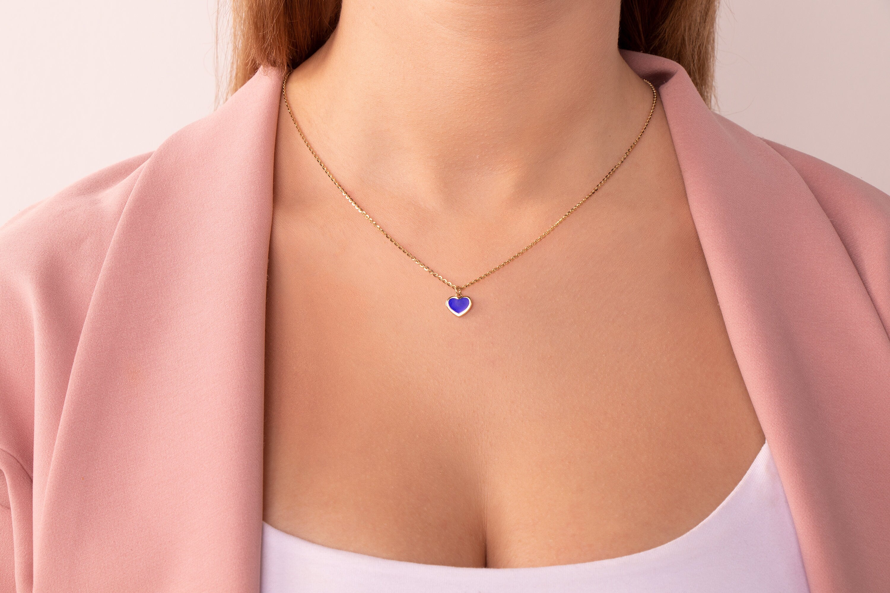 Navy Blue Heart Necklace With Sparkle Chain in 14K Gold