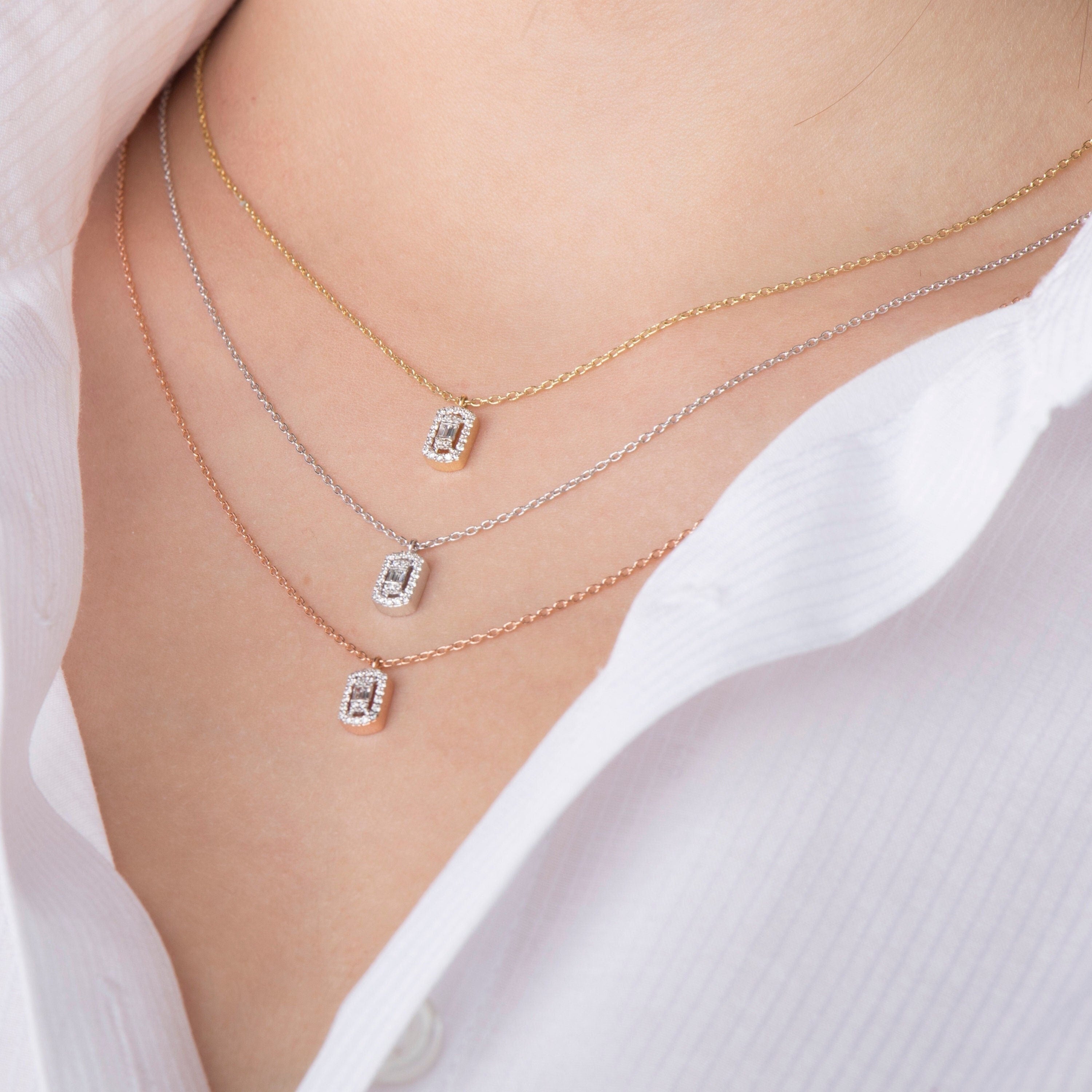 Minimal Baguette Diamond Necklace Available in 14K and 18K Gold