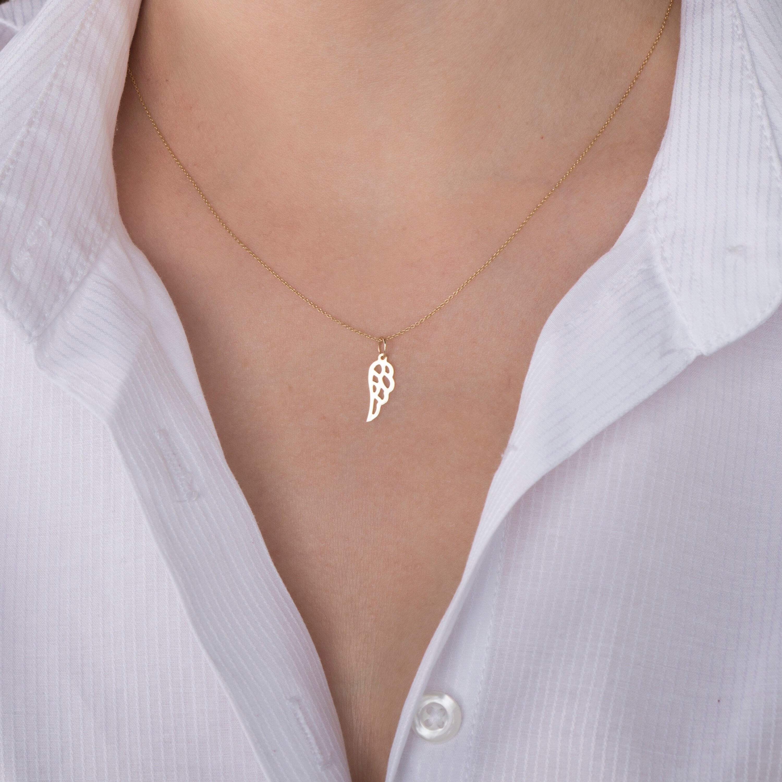 Minimal Angel Wing Charm Necklace in 14K Gold