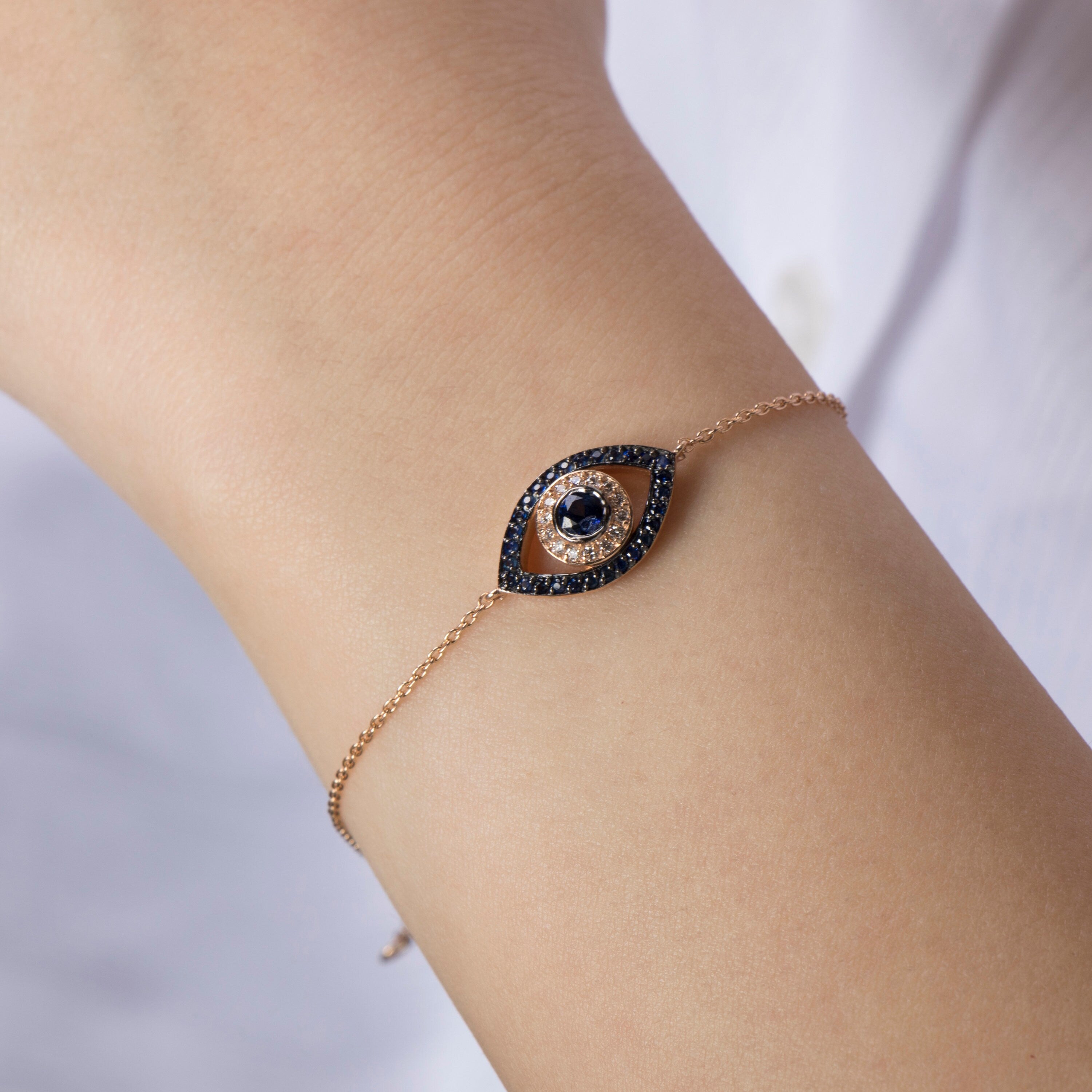 Diamond and Sapphire Evil Eye Bracelet in 14K Gold