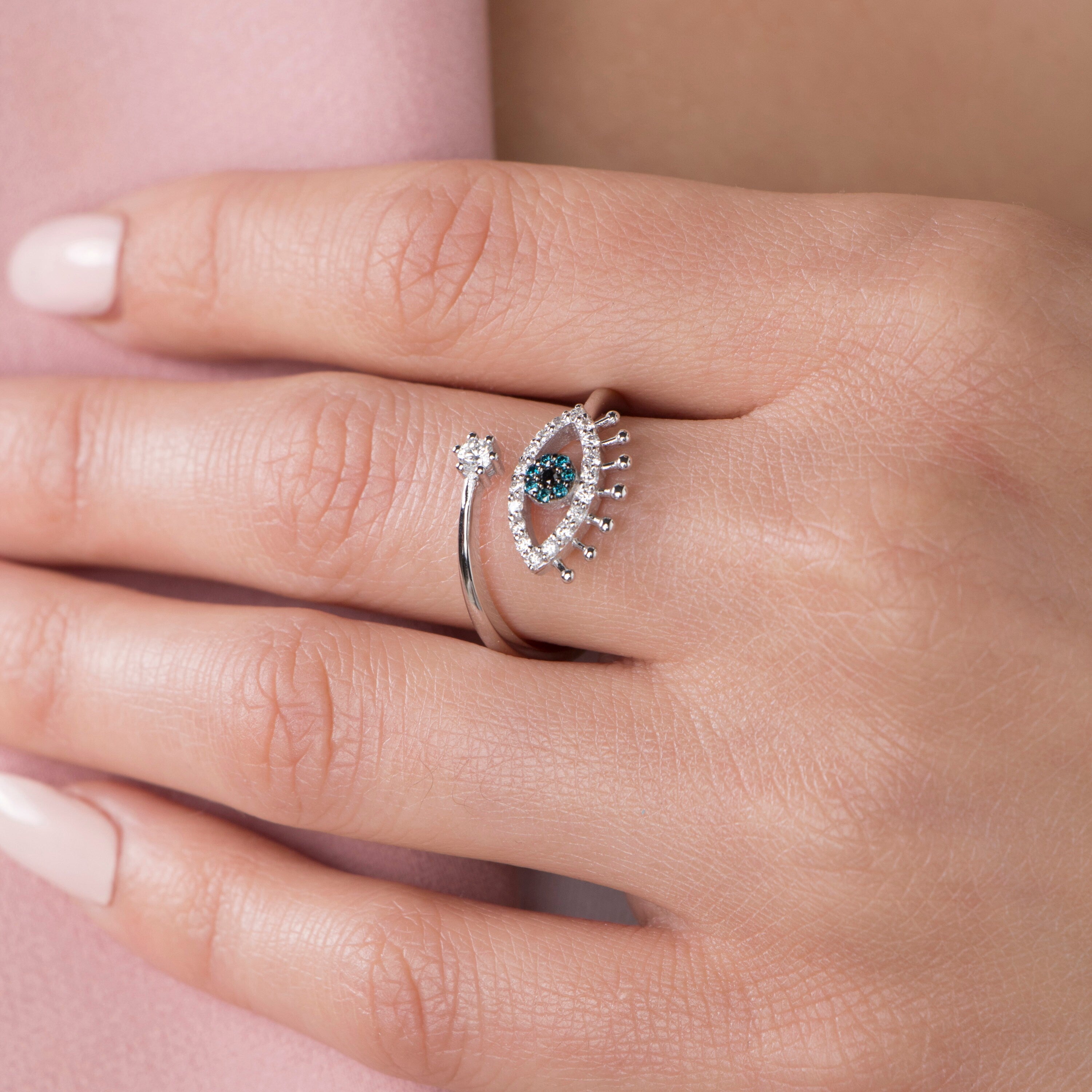Greek Evil Eye Ring With Blue, Black and White Diamonds In 14K Gold