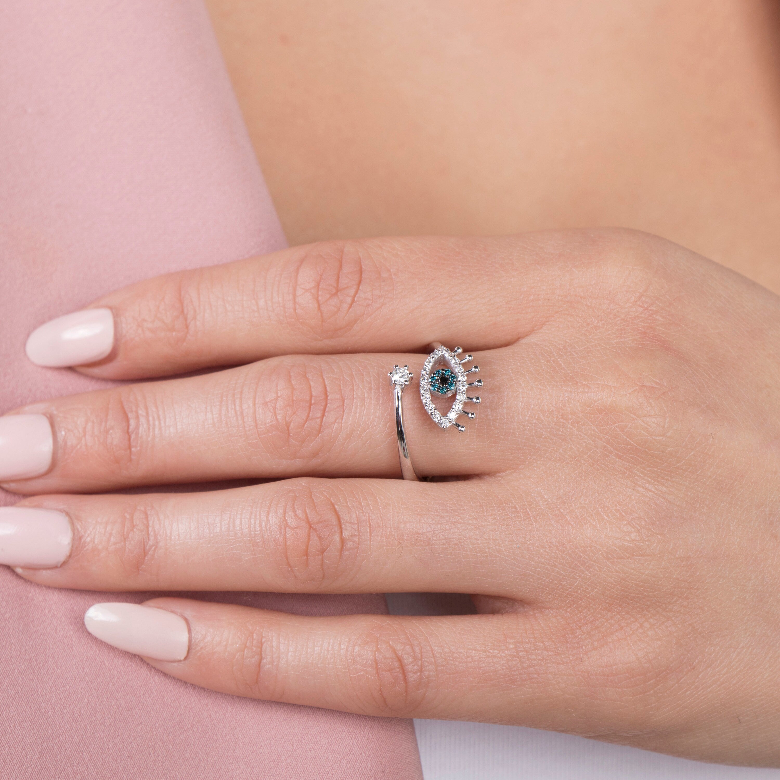 Greek Evil Eye Ring With Blue, Black and White Diamonds In 14K Gold