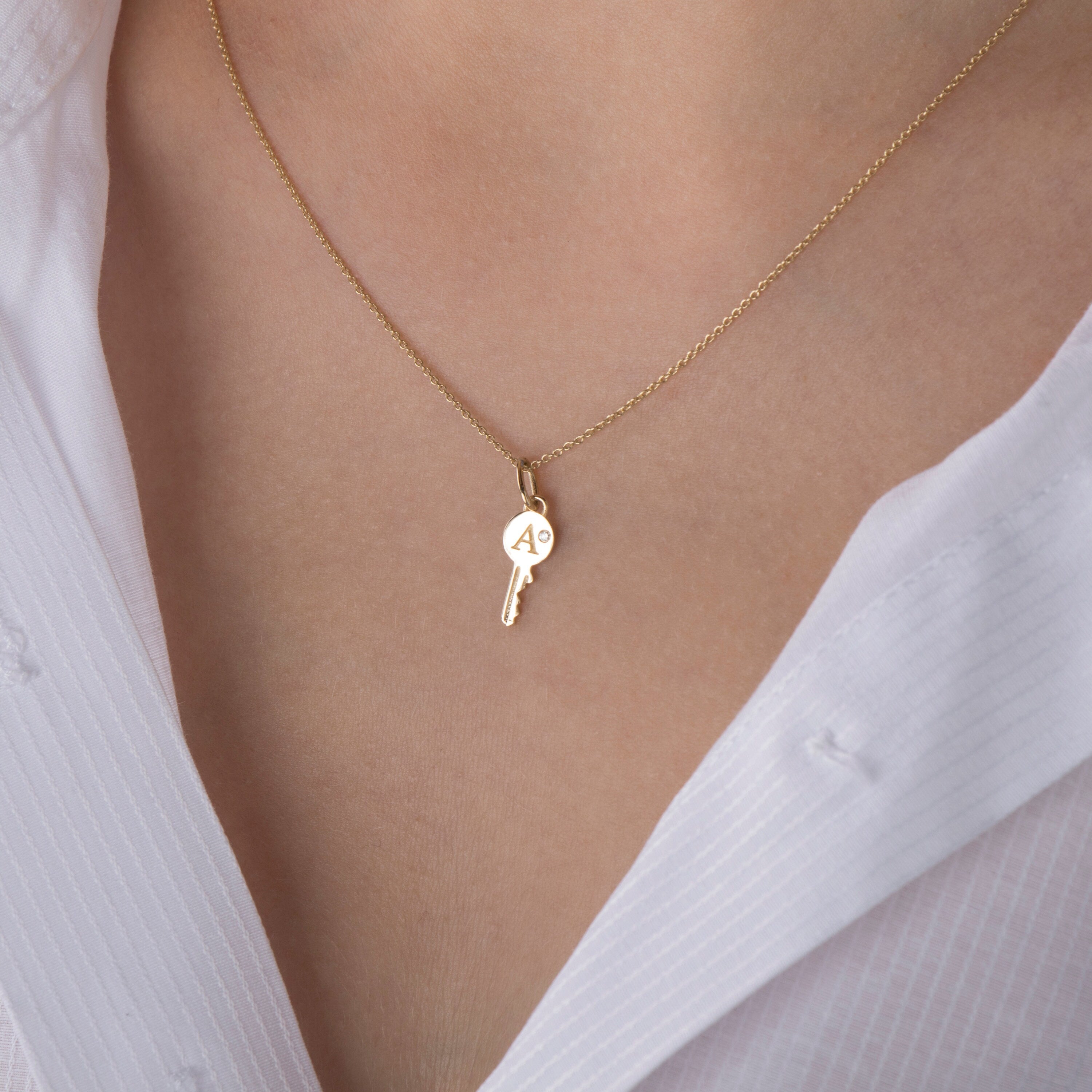 Itty Bitty Tiny Birthstone Initial Key Necklace in 14K Gold