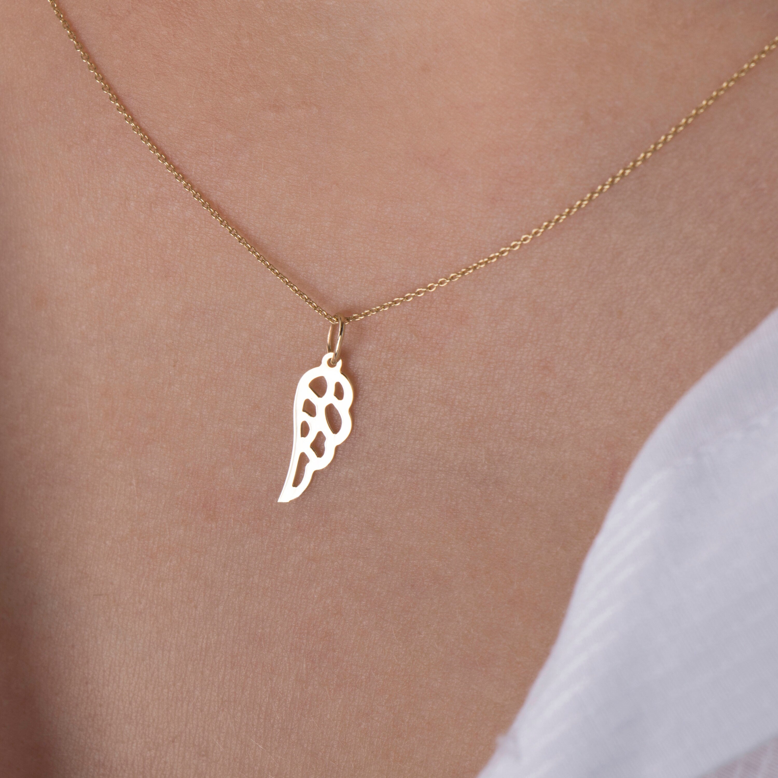 Minimal Angel Wing Charm Necklace in 14K Gold