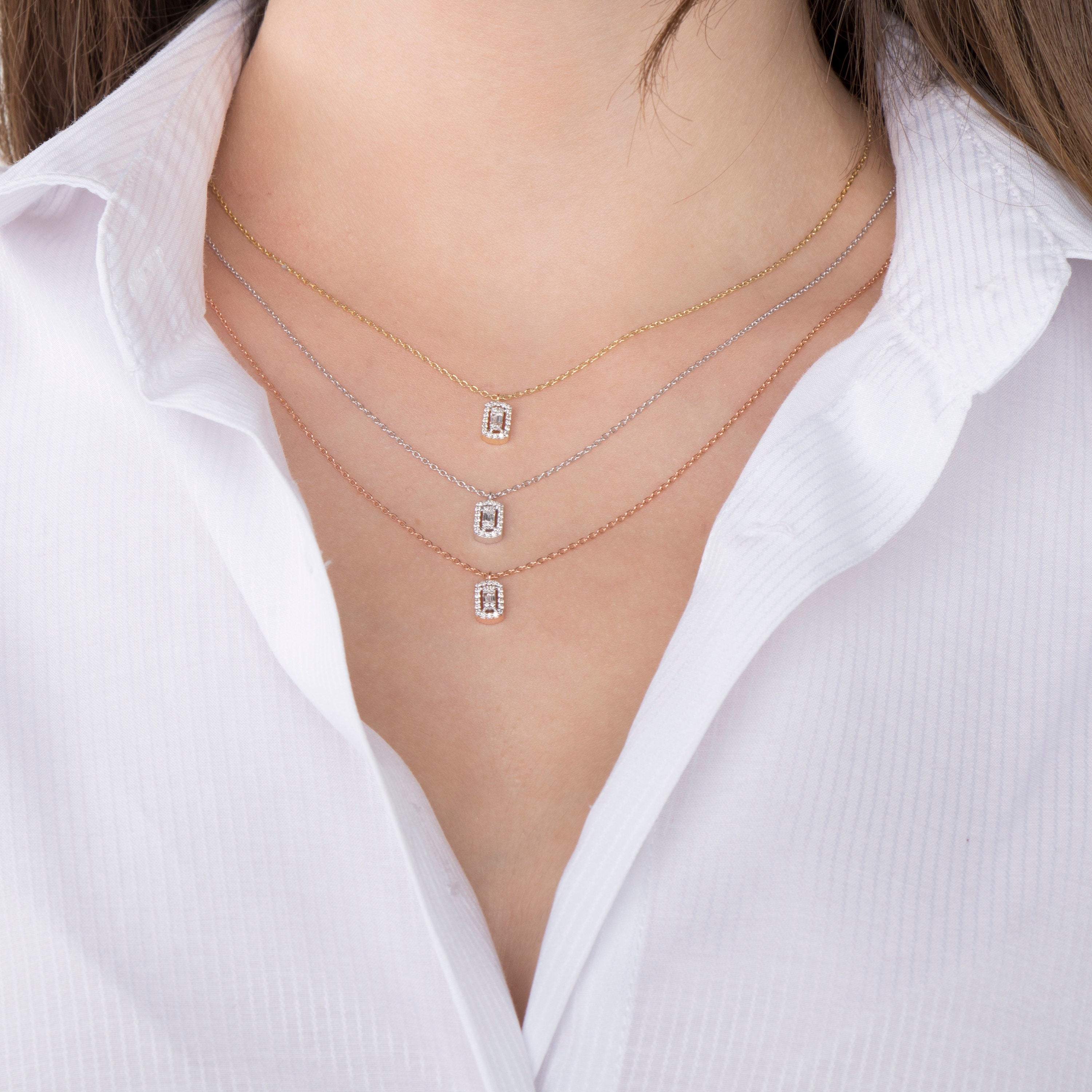 Minimal Baguette Diamond Necklace Available in 14K and 18K Gold