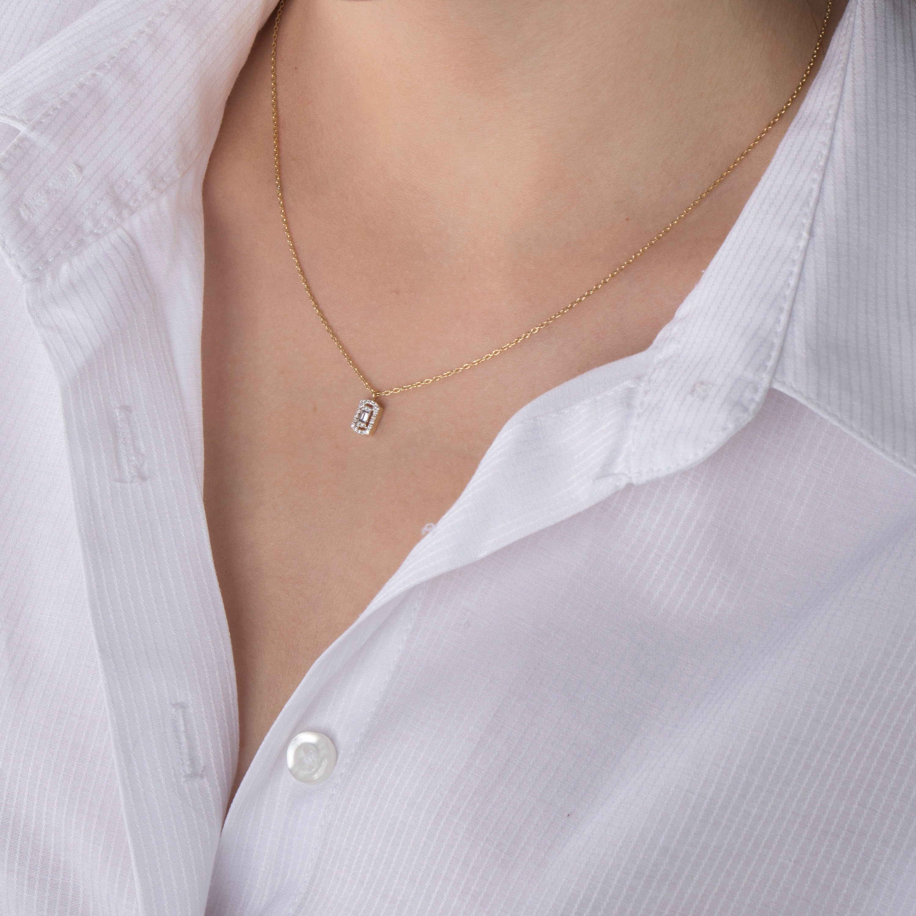 Minimal Baguette Diamond Necklace Available in 14K and 18K Gold