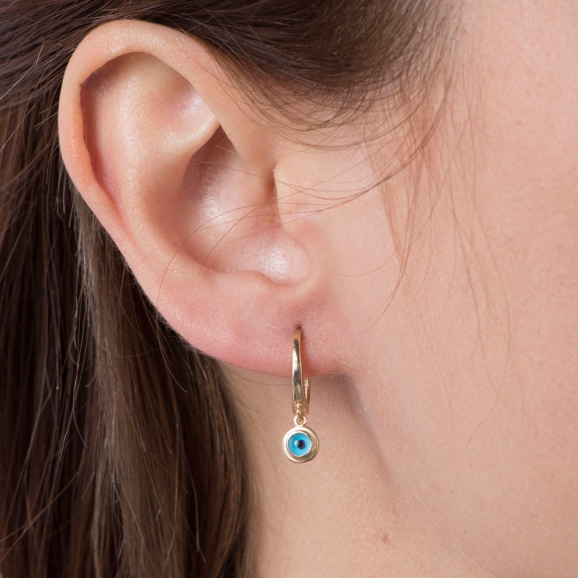 Blue Evil Eye Hoops in 14K Gold