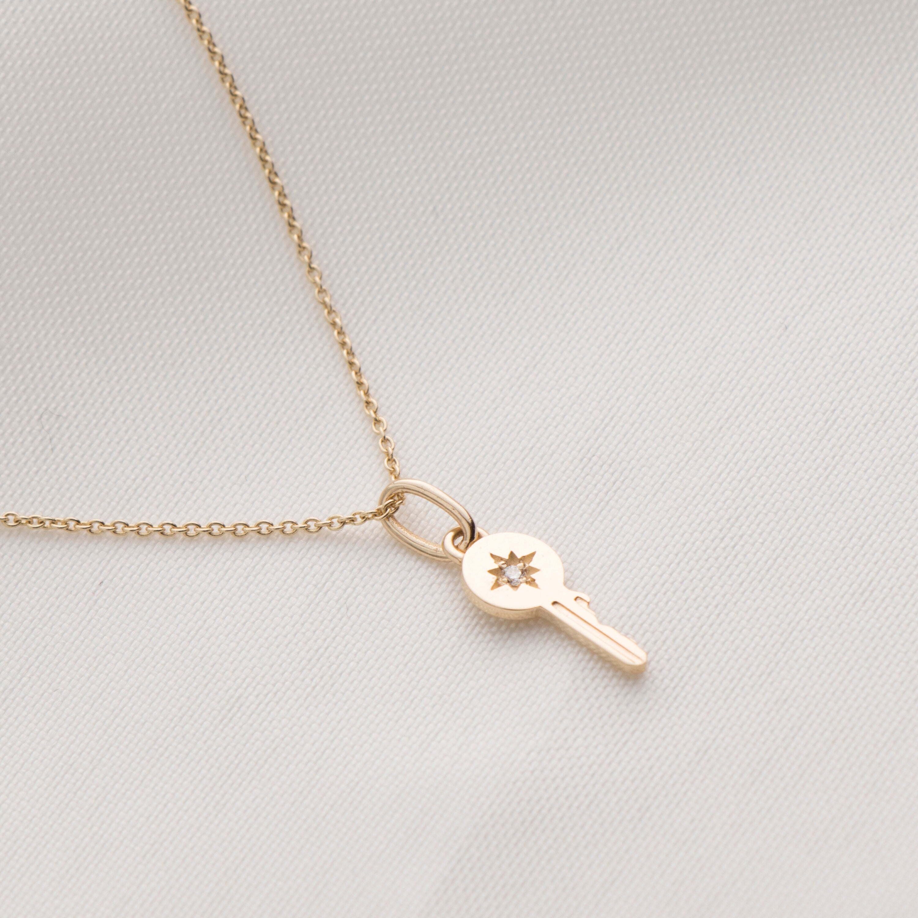 Itty Bitty Tiny Diamond Key Necklace in 14K Gold