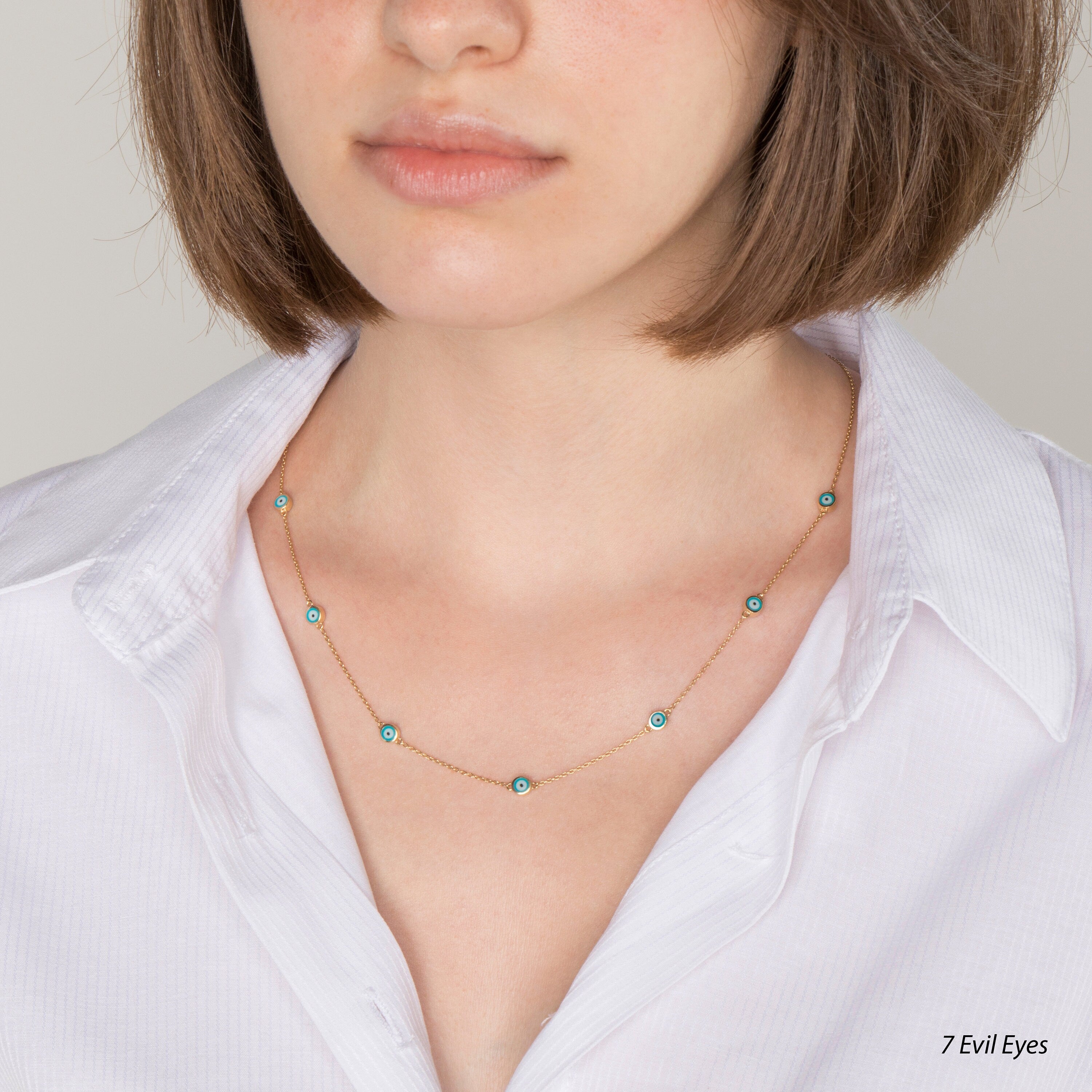 Evil Eye Station Necklace in 14K Gold / Ocean Blue