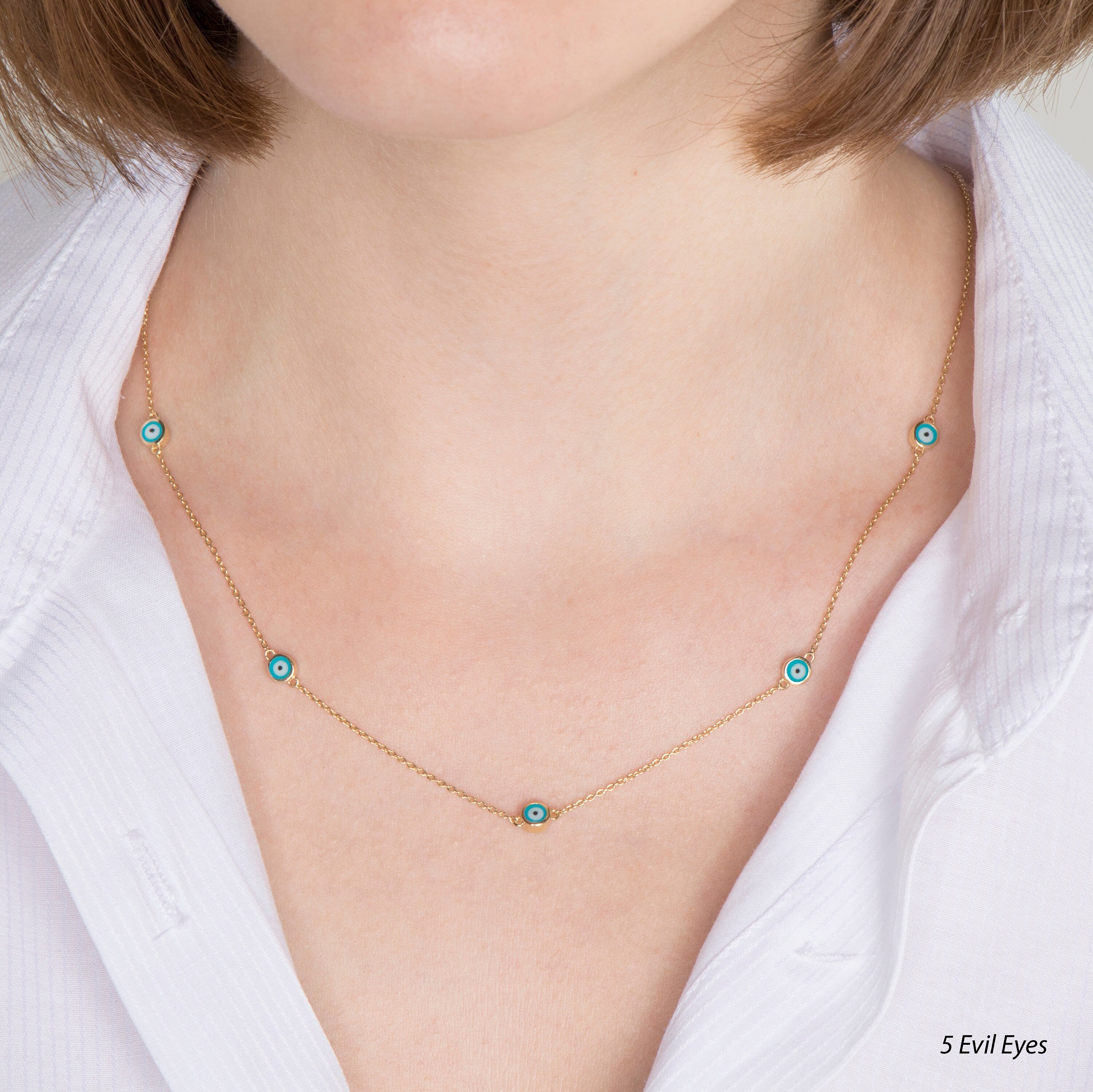 Evil Eye Station Necklace in 14K Gold / Ocean Blue