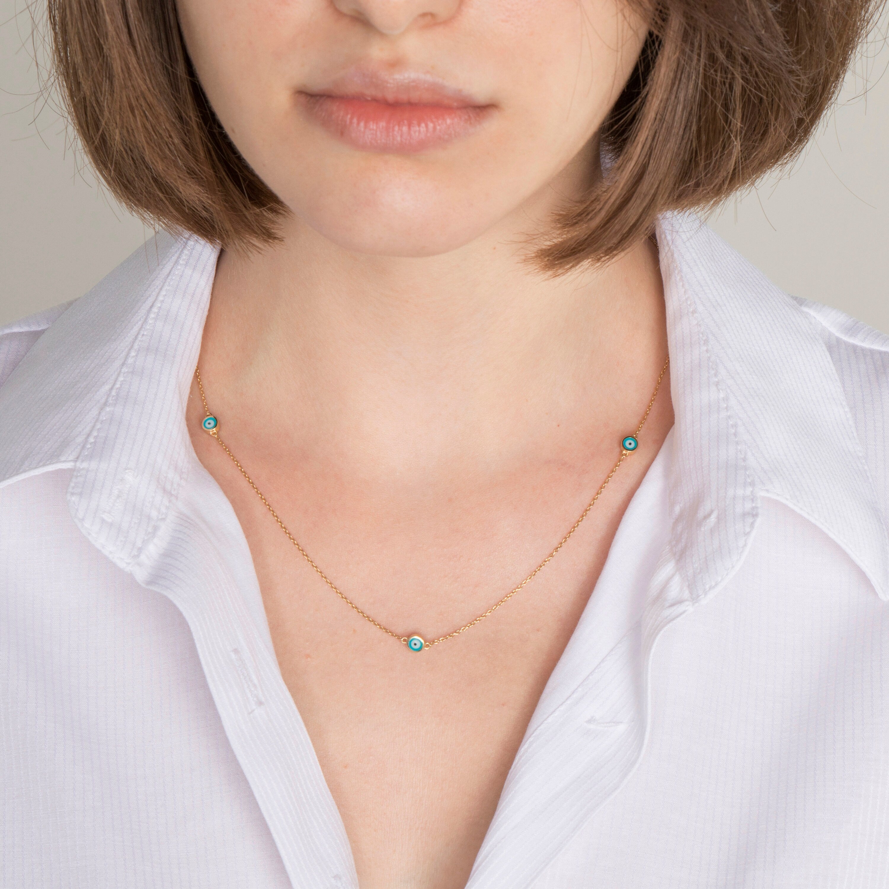 Evil Eye Station Necklace in 14K Gold / Ocean Blue
