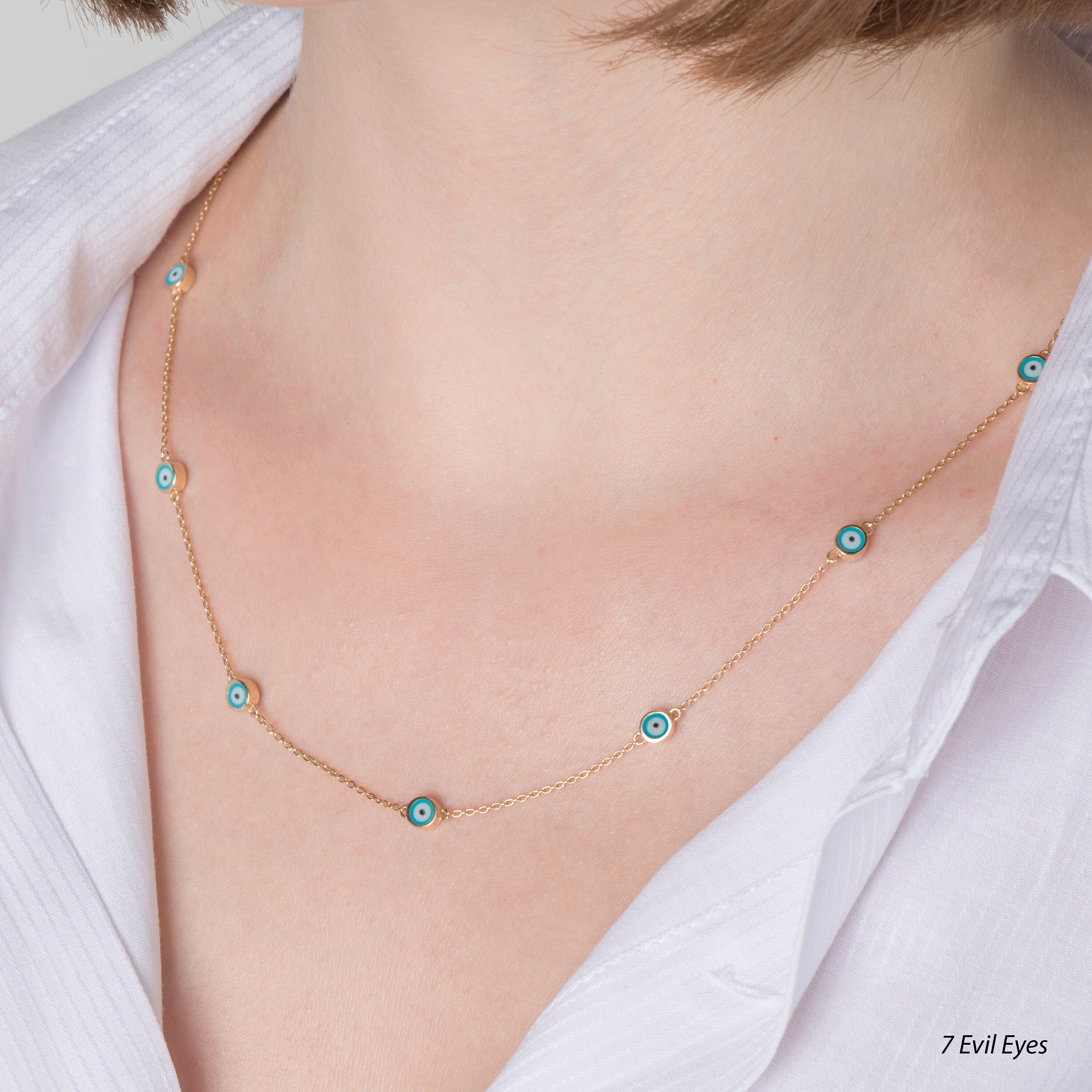 Evil Eye Station Necklace in 14K Gold / Ocean Blue