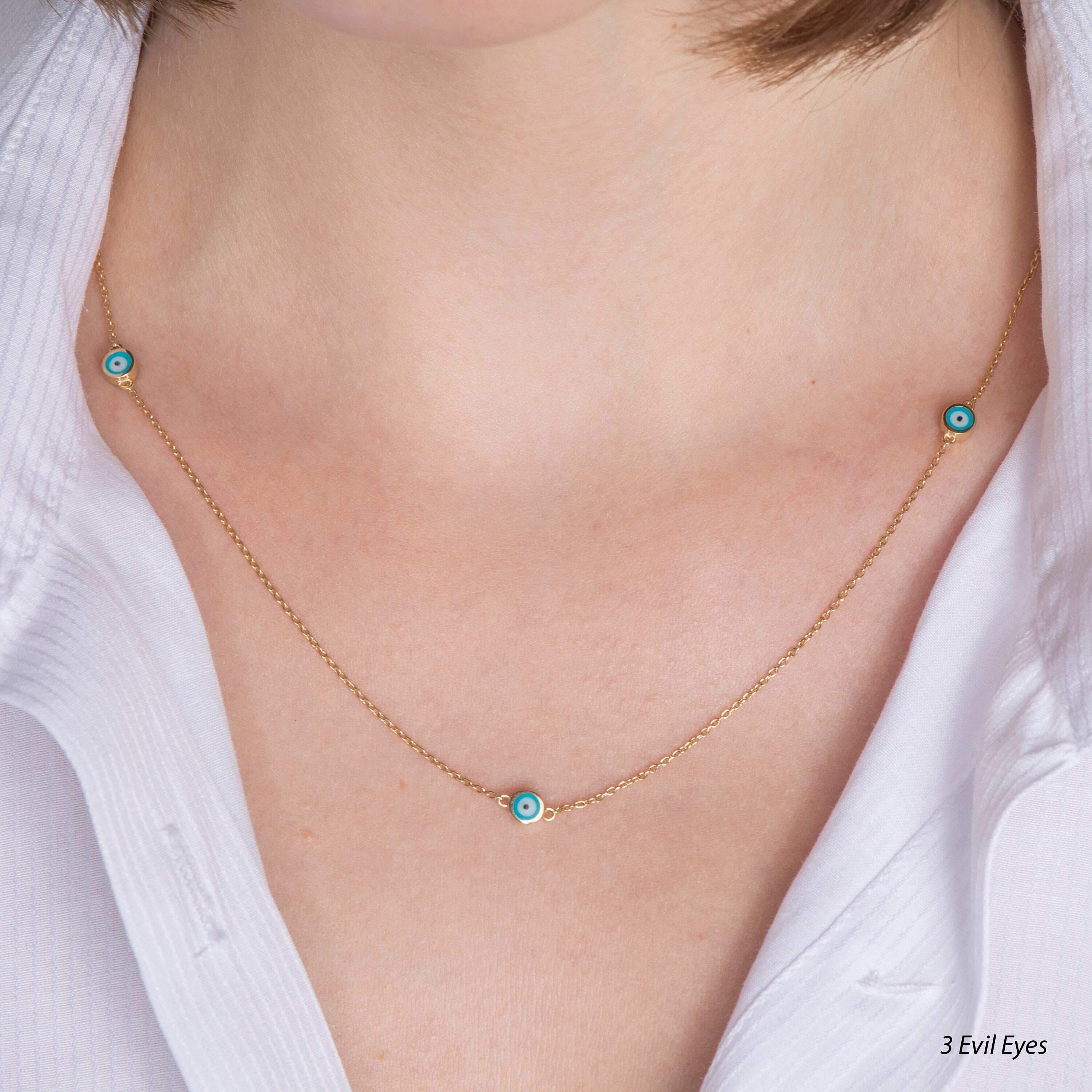 Evil Eye Station Necklace in 14K Gold / Ocean Blue