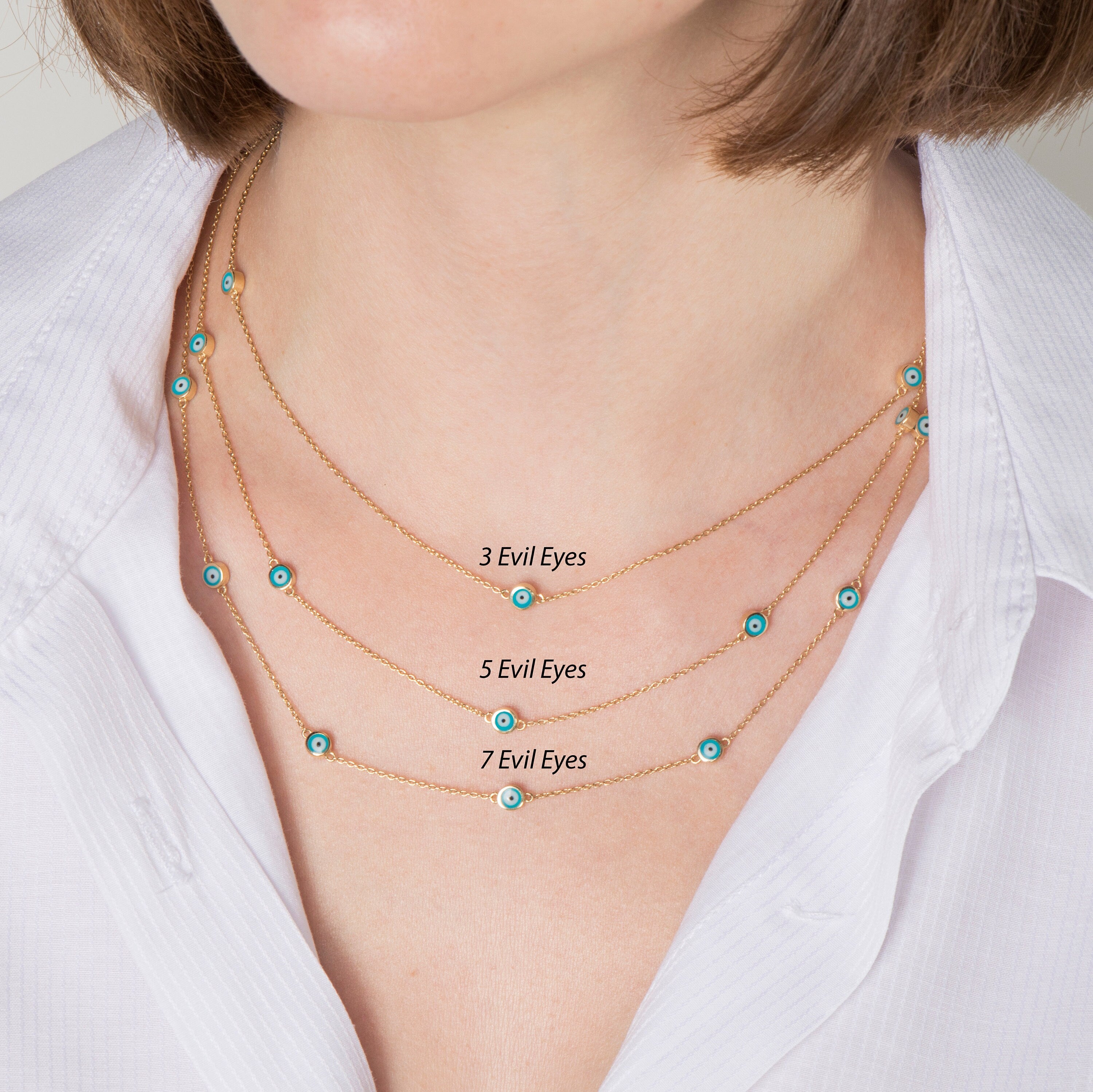 Evil Eye Station Necklace in 14K Gold / Ocean Blue