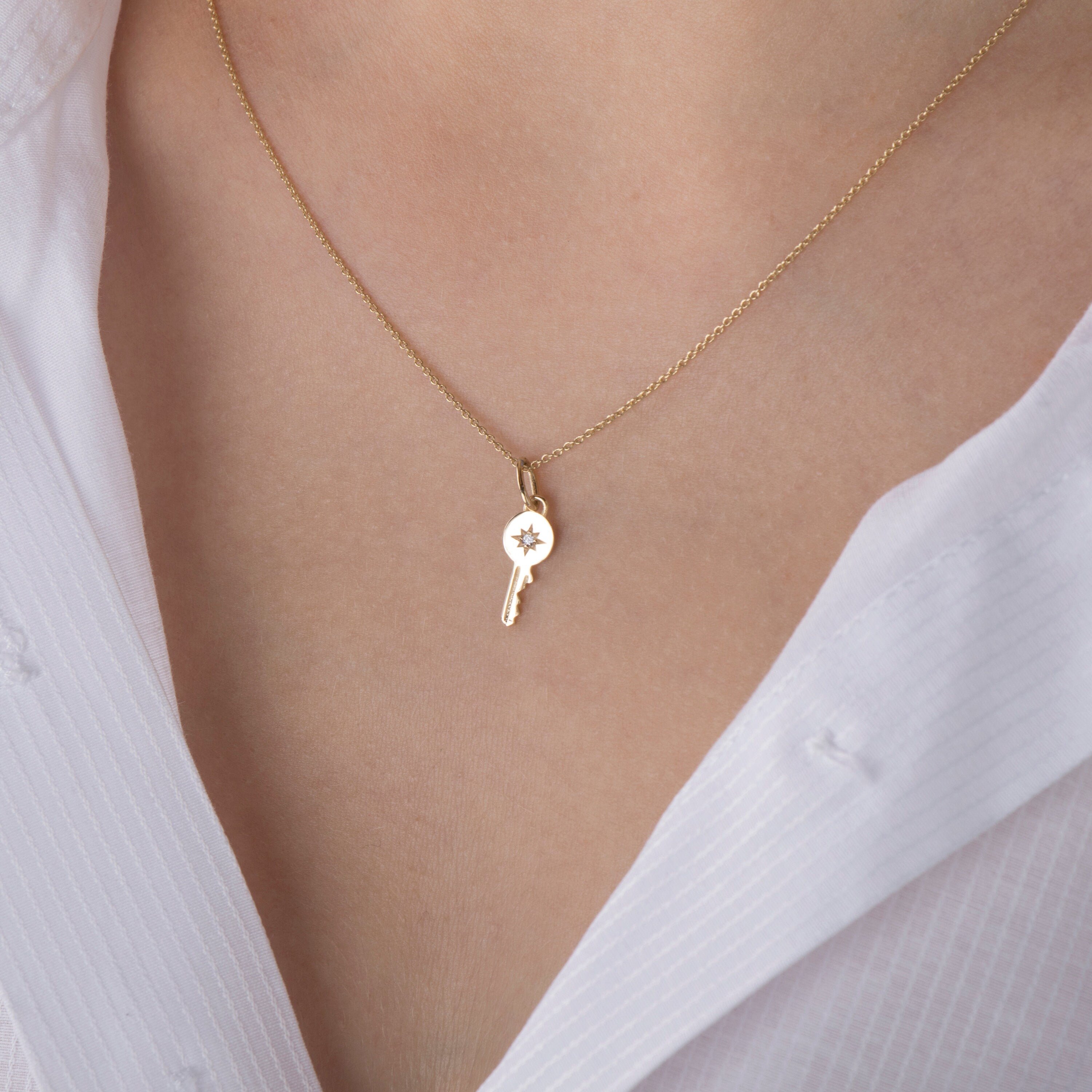 Itty Bitty Tiny Diamond Key Necklace in 14K Gold