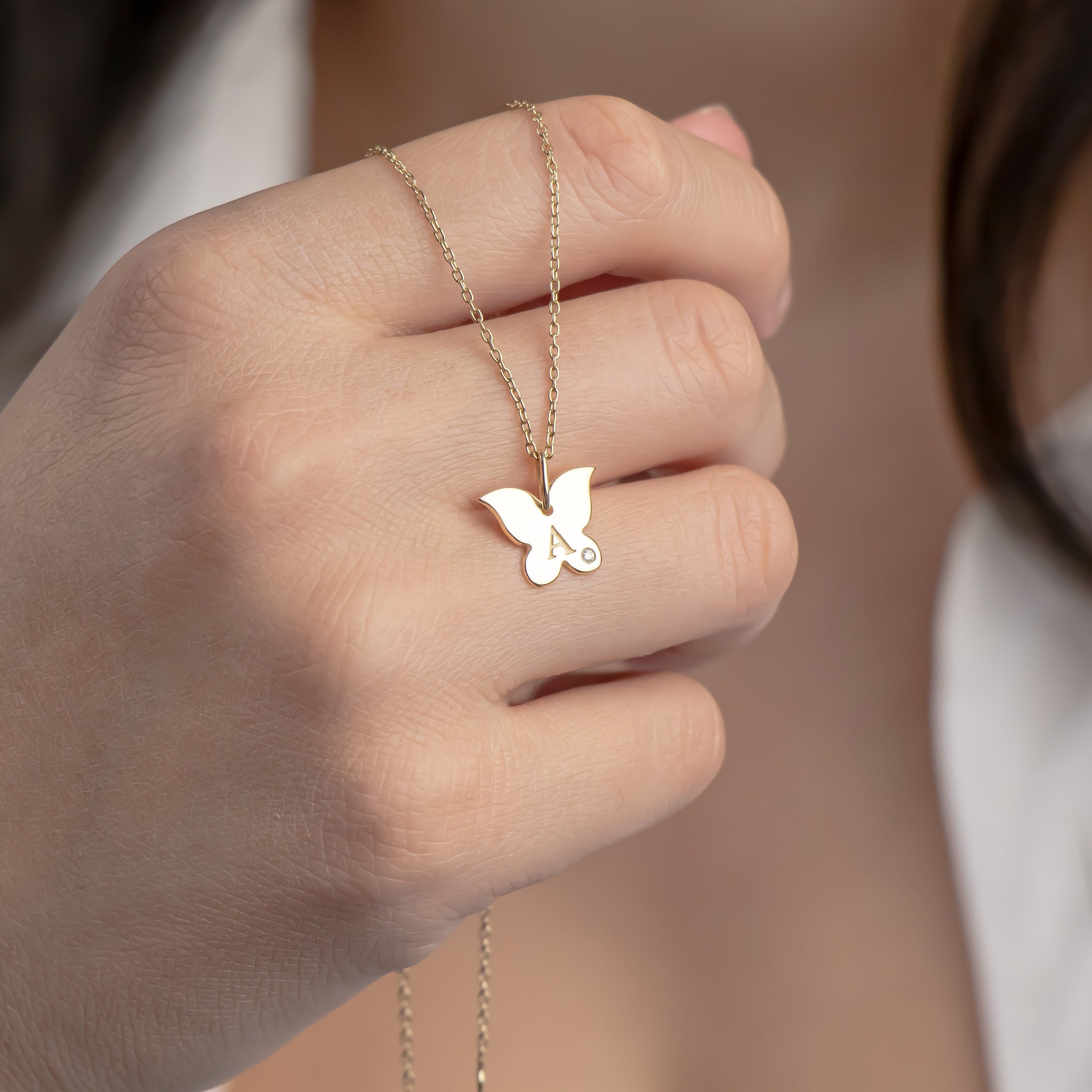 Birthstone Butterfly Initial Pendant Necklace in 14K Gold