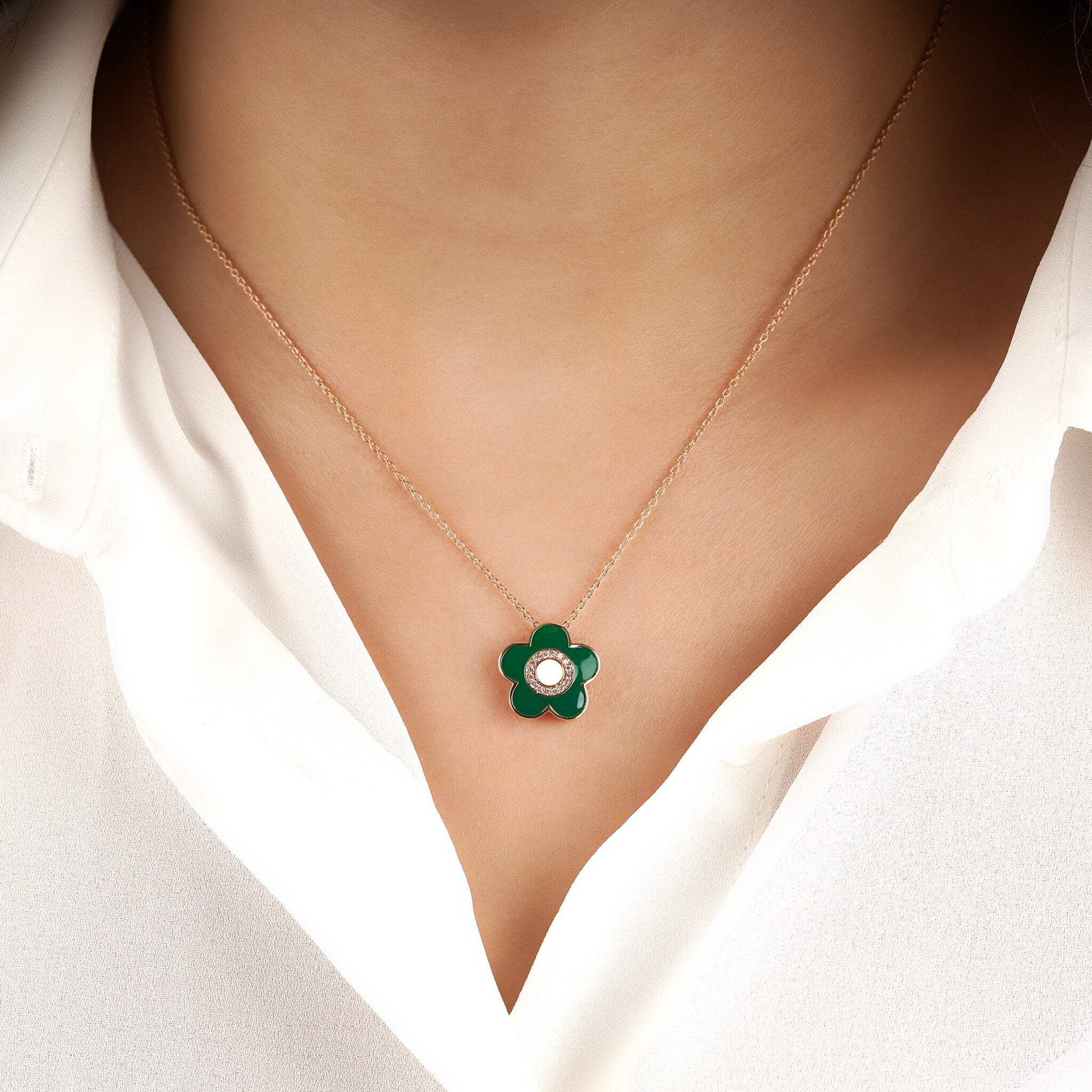 Authentic Enamel and Diamond Flower Necklace Available in 14K and 18K Gold