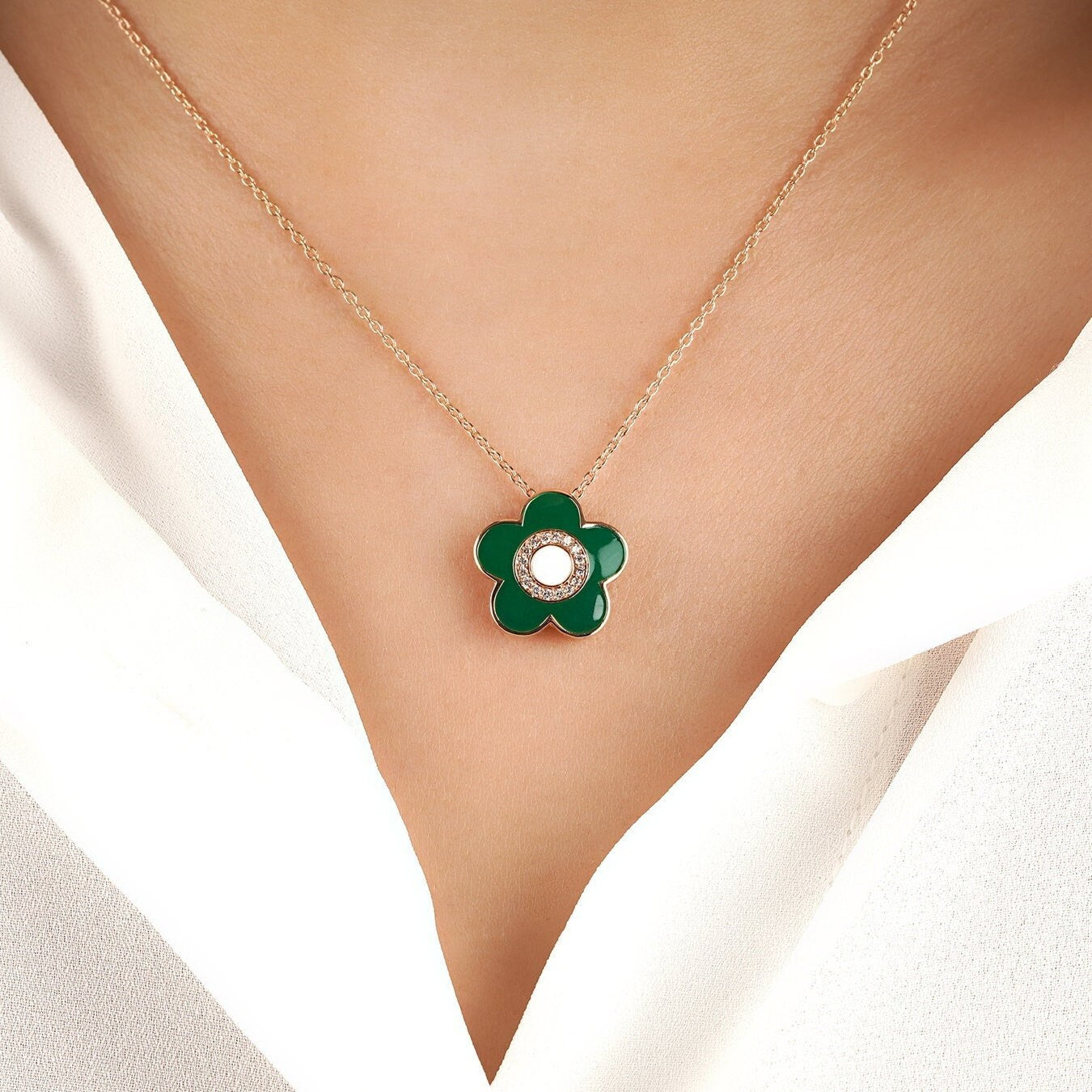 Authentic Enamel and Diamond Flower Necklace Available in 14K and 18K Gold